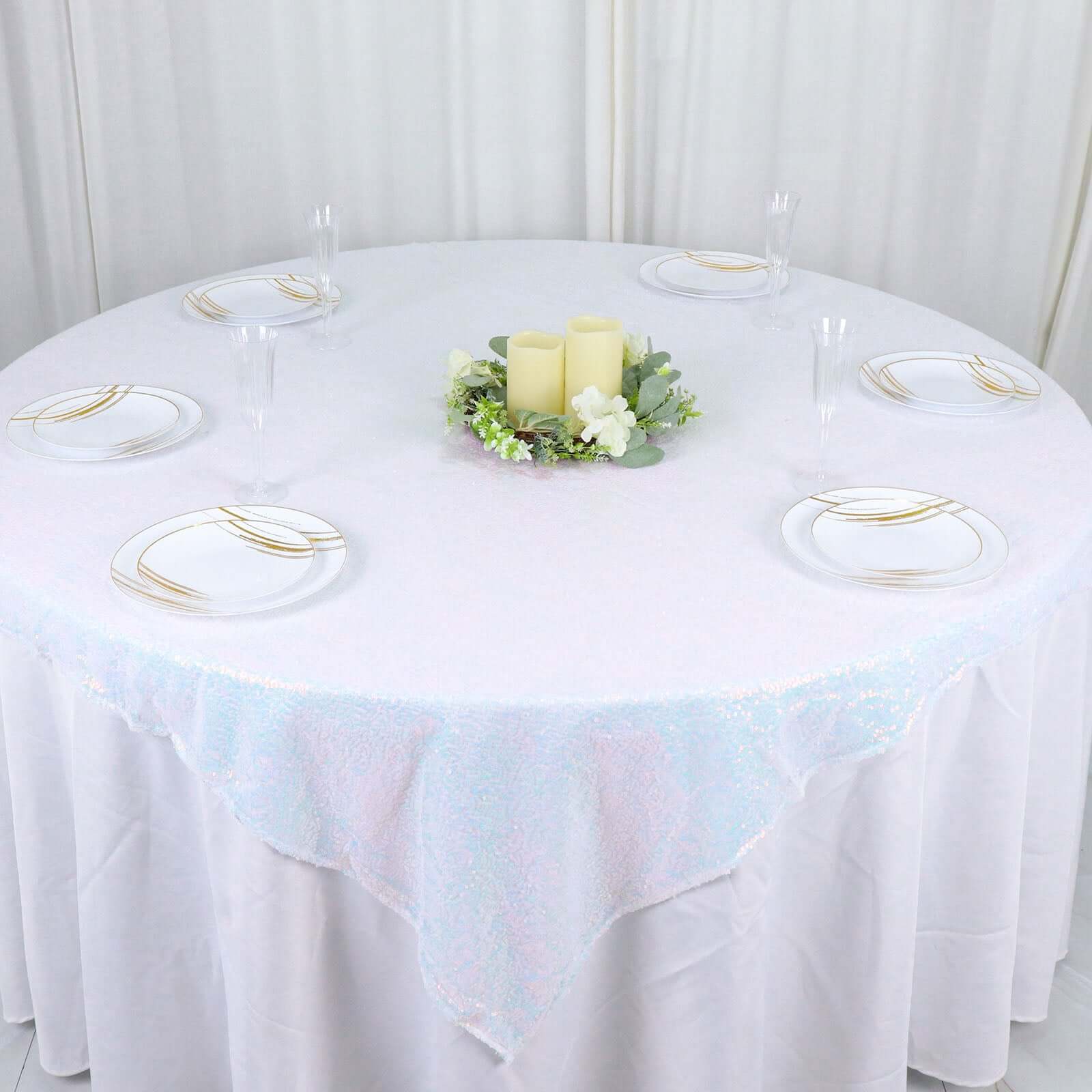 Sequin 60"x60" Table Overlay Square Tablecloth Irisdescent Blue - Luxe Wedding Table Topper