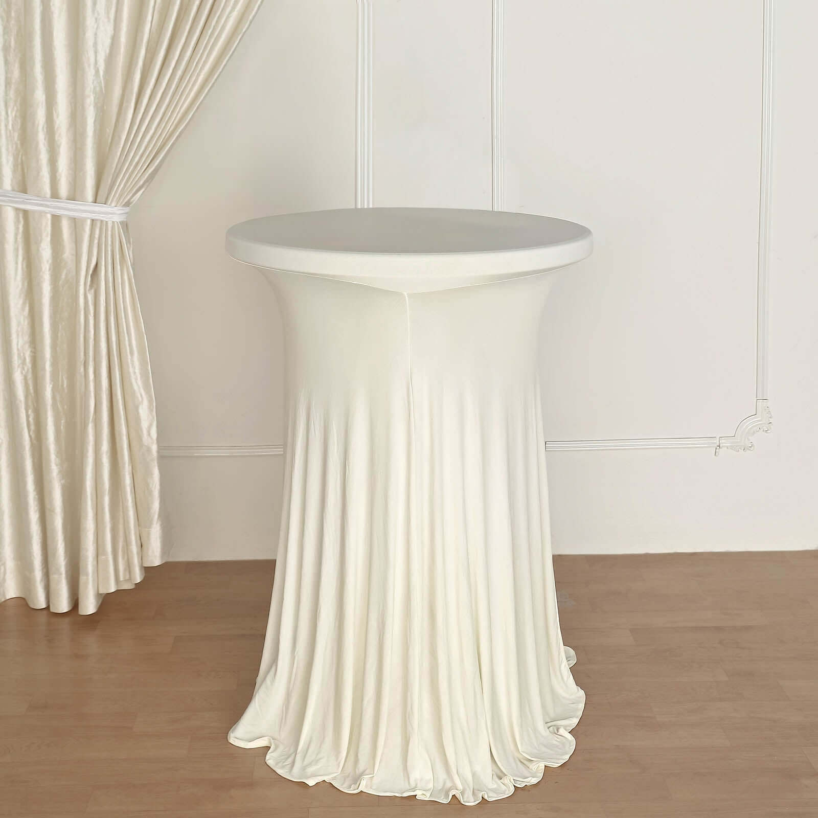 Spandex 32" Round Cocktail Table Cover Skirt Ivory With Natural Wavy Drapes