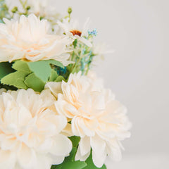 2 Bushes Ivory Blue Artificial Silk Dahlia Flower Bouquet Spray