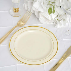 10-Pack Plastic Dessert Plates Ivory with Très Chic Gold Rim - Disposable Appetizer Plates for Parties 6"