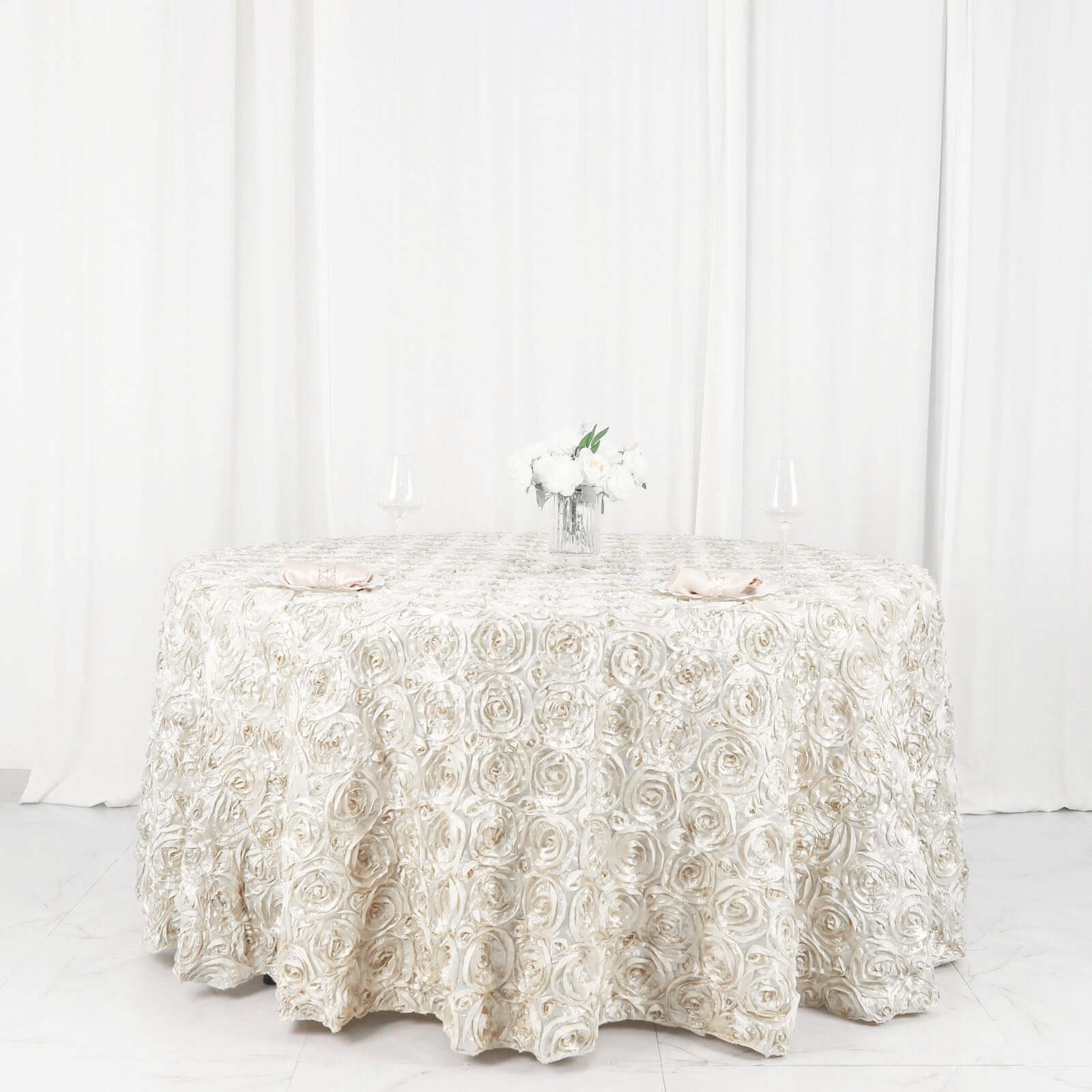 Satin 120" Round Tablecloth Ivory - Grandiose 3D Rosette with Seamless Finish Table Cover