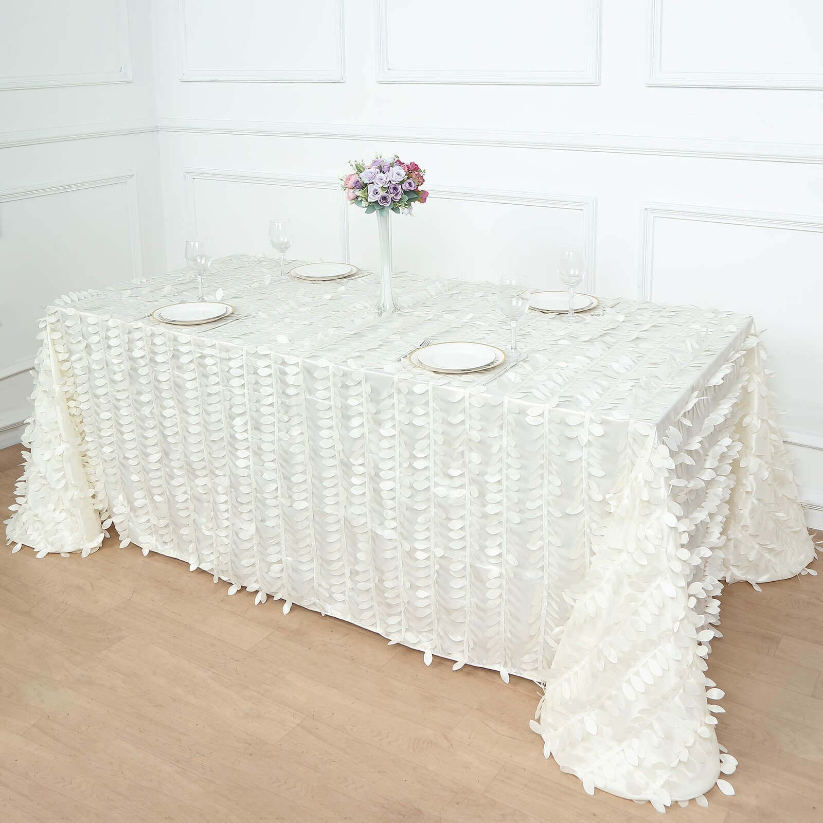 Taffeta 90"x132" Rectangle Tablecloth Ivory | 3D Leaf Petal Design Seamless Table Cover