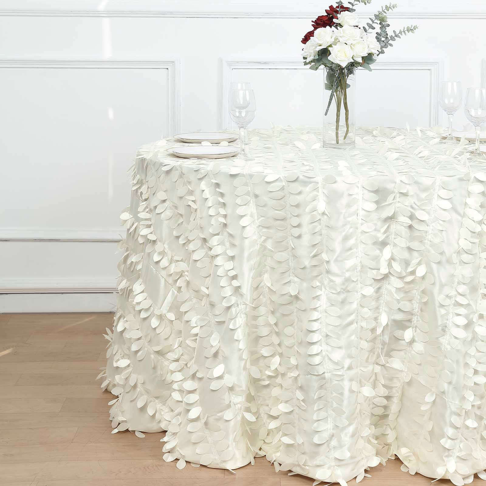 Taffeta 120" Round Tablecloth Ivory Leaf | 3D Leaf Petal Design Seamless Table Cover