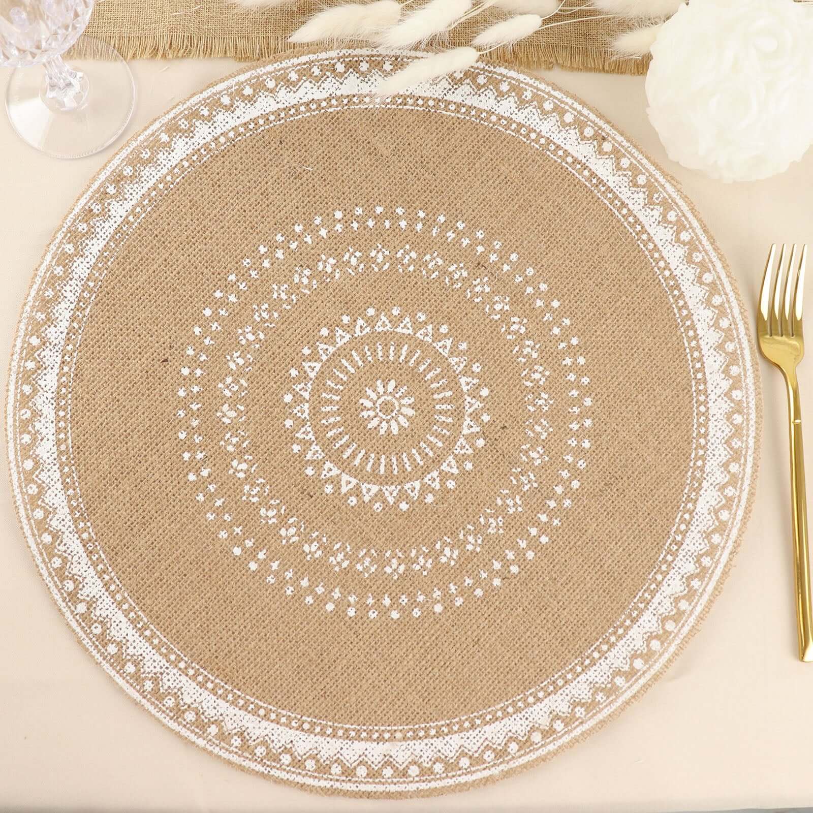 4-Pack Placemats Braided Design Natural Jute and White Round - Rustic Burlap Woven Table Mats 15"