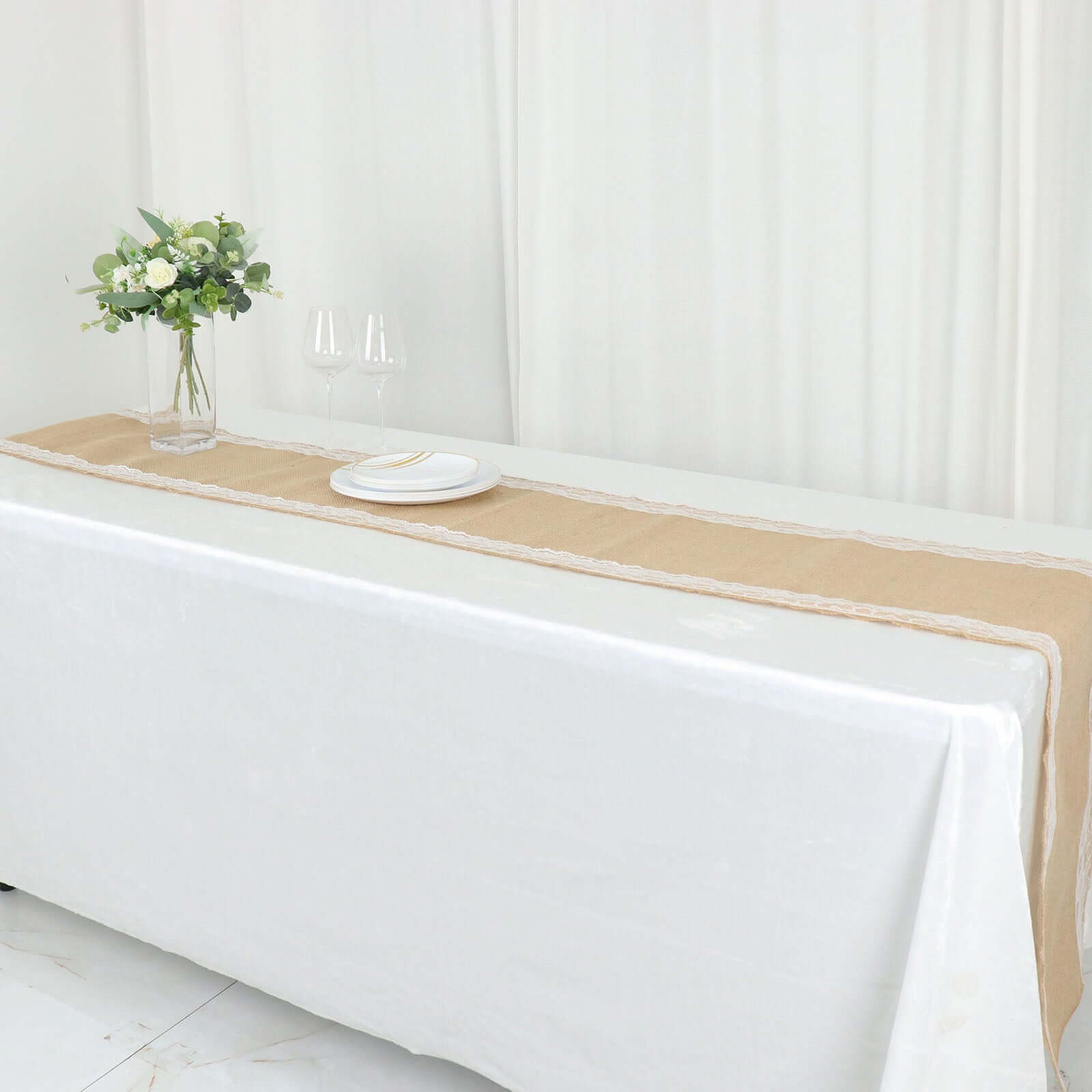 Burlap Jute 14"x104" Table Runner Natural With White Lace Trim Edges - Rustic Vintage Tabletop Decor