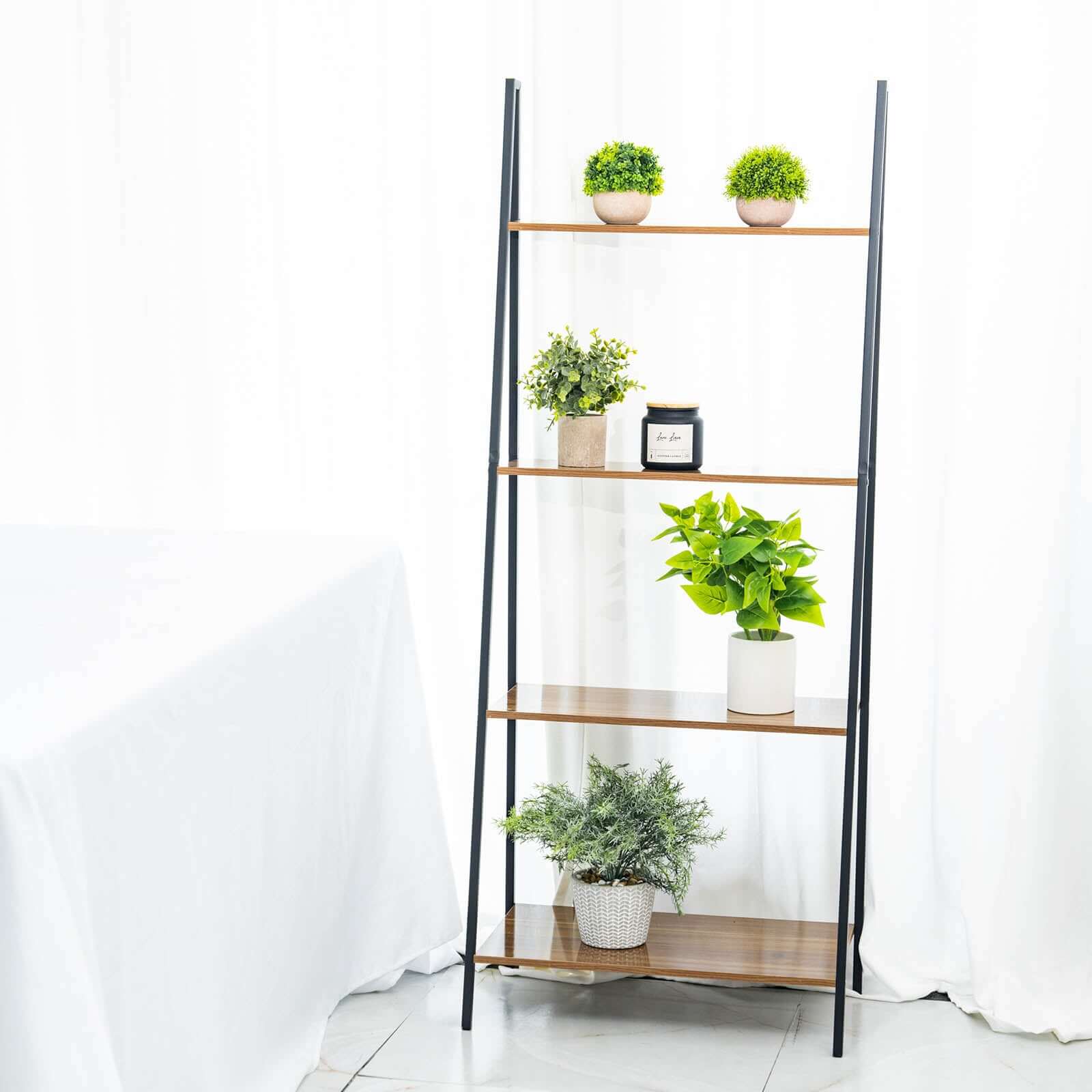 5ft 4-Tier Metal Leaning Ladder Bookshelf Stand With Natural Wood Racks for Events