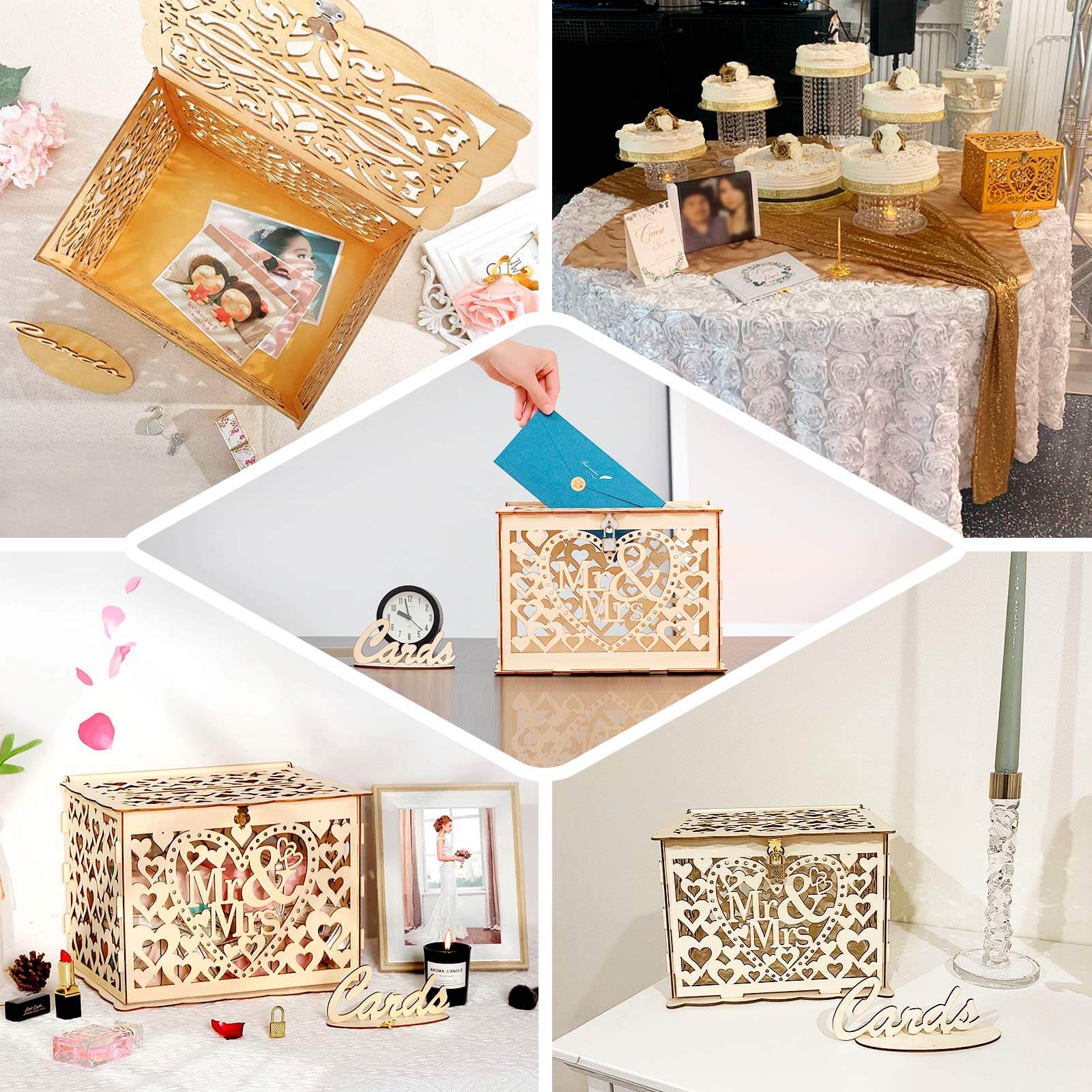 Natural Wooden Laser Cut "Mr. & Mrs." Wedding Card Box With Label, Rustic DIY Hollow Money Box And Stand - 12"x9"