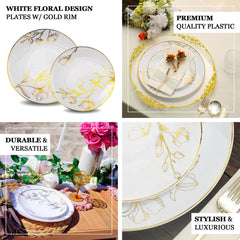 Set of 20 Plastic Round Dinner and Dessert Plates in Lavender Lilac with Metallic Gold Floral Design - Stylish Disposable Dinnerware 8", 10"