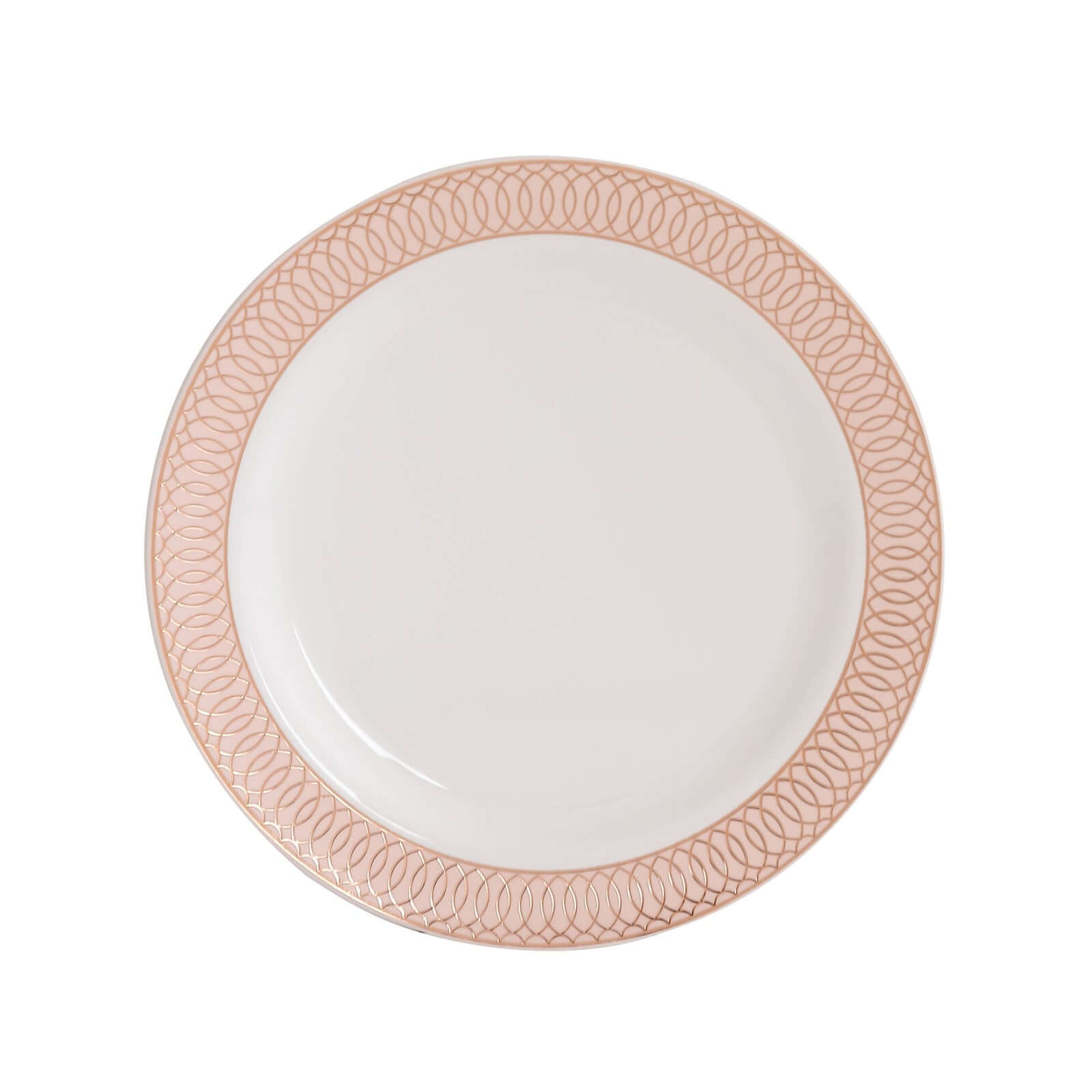 10-Pack Plastic Round Dinner Plates 10" White with Blush Rose Gold Spiral Rim - Chic Disposable Party Plates