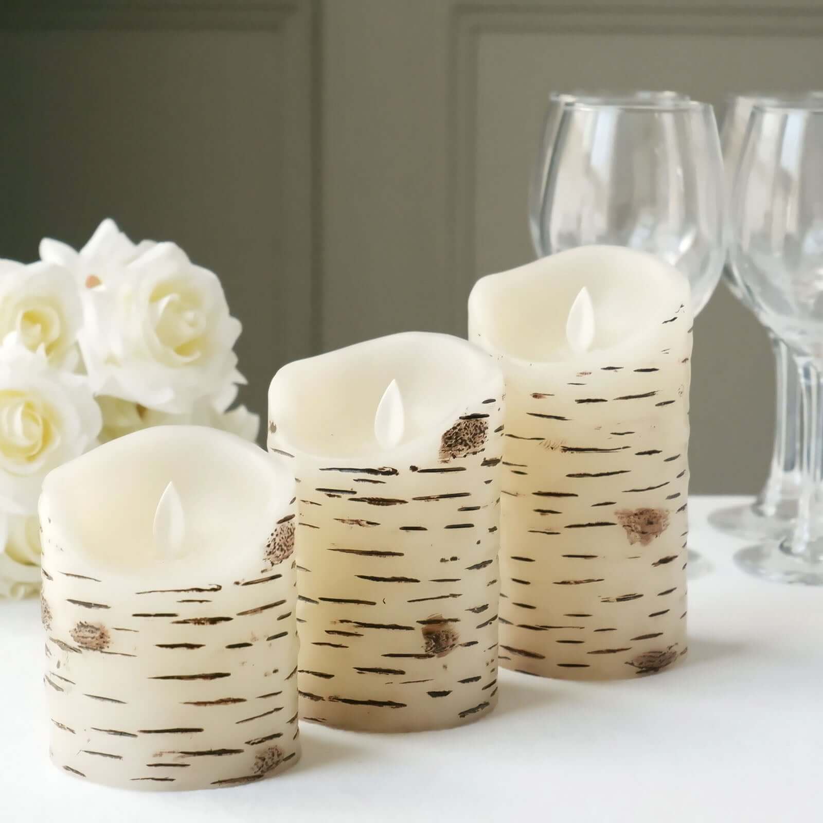 Set of 3 LED Flameless Pillar Candles Burnt Birch Bark Design Warm White - Battery Operated with Remote