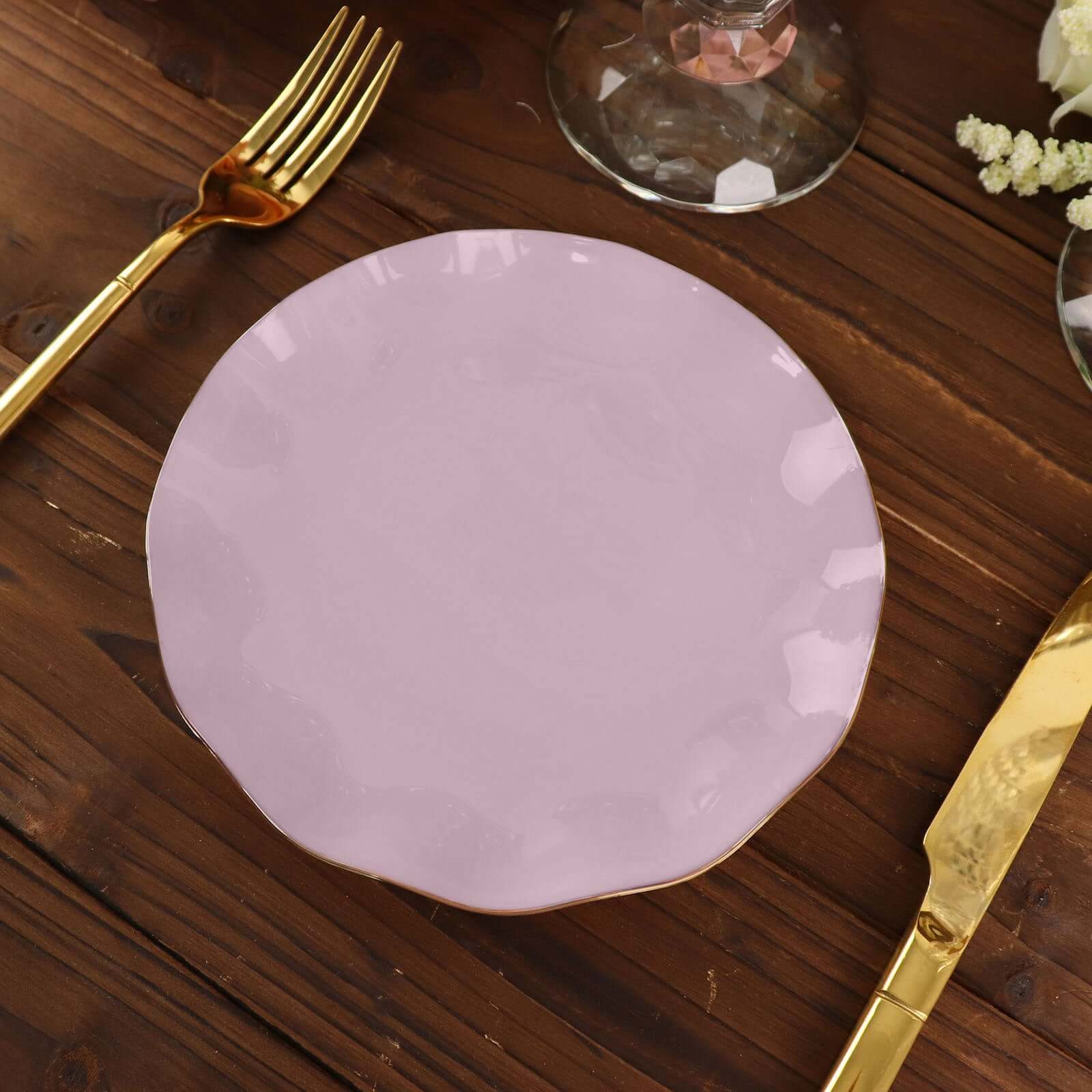 10-Pack Plastic Round 6" Dessert Plates in Lavender Lilac Ruffled Rim with Gold Edging - Sturdy Disposable Salad Appetizer Dinnerware