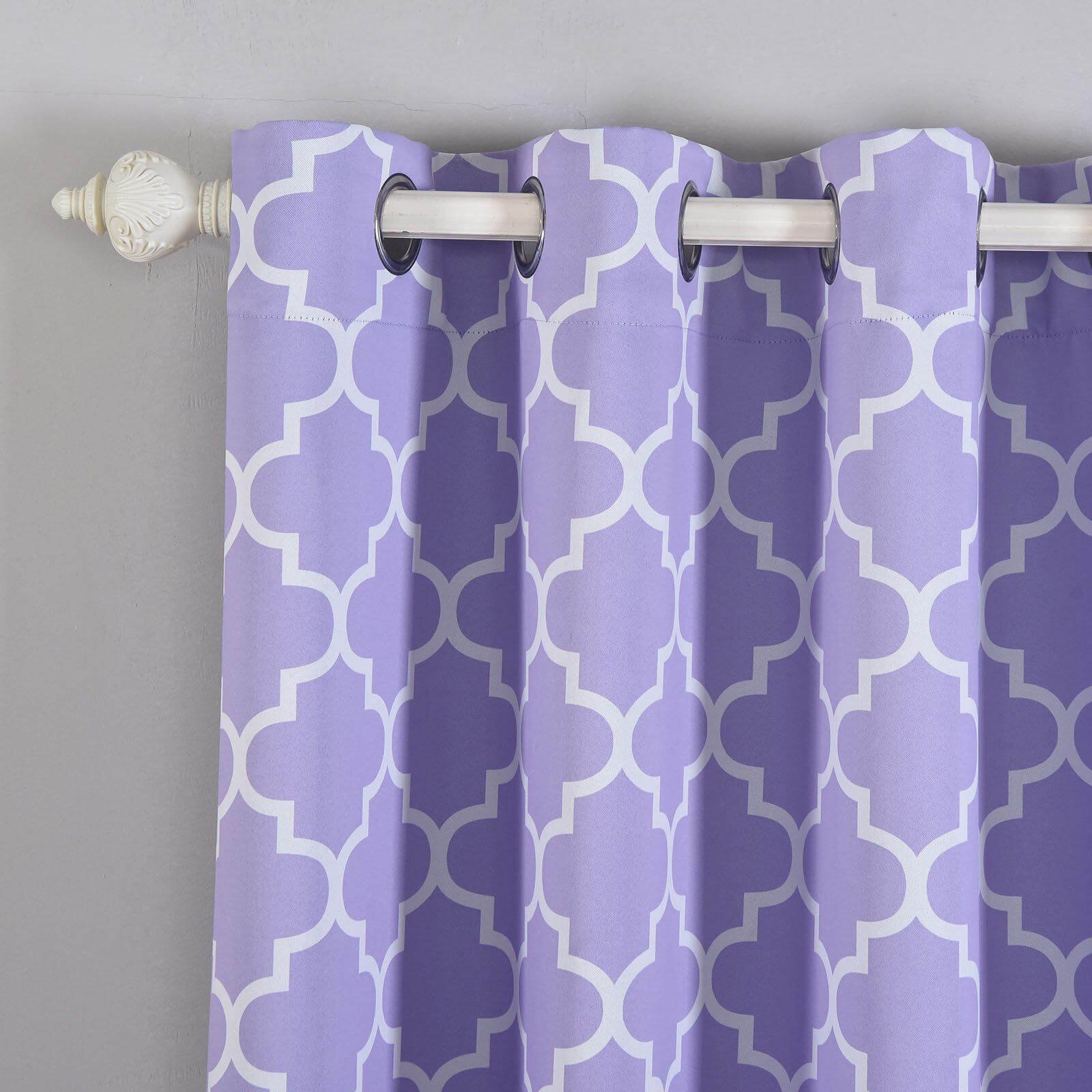 2 Pack White Lavender Lilac Lattice Print Thermal Blackout Curtains With Chrome Grommet Window Treatment Panels - 52"x108" Clearance SALE