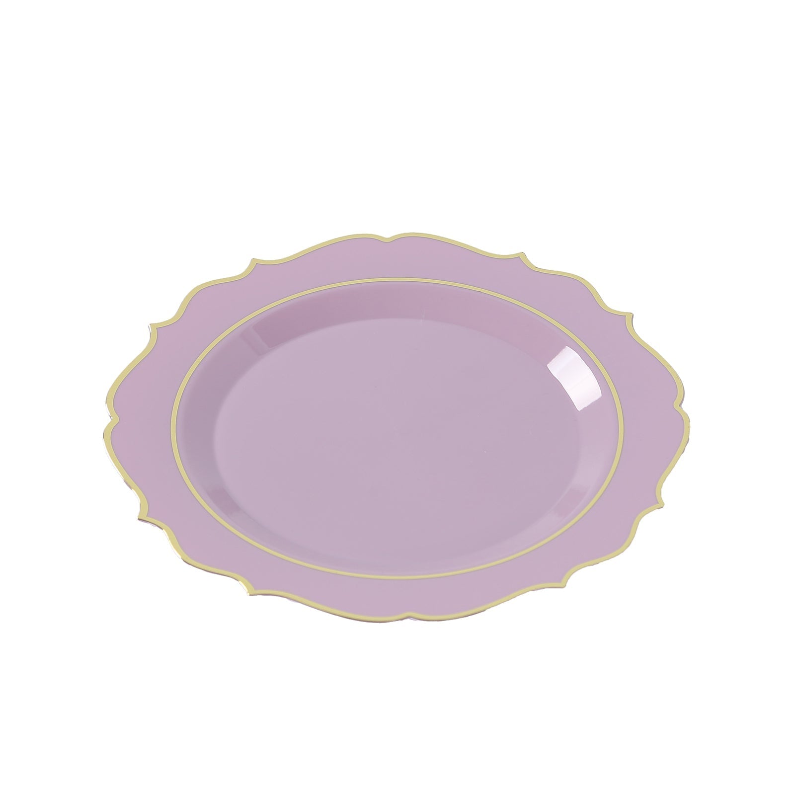10-Pack Plastic 8" Round Desert Plates in Lavender Lilac with Gold Scalloped Rim - Disposable Appetizer/Salad Plates