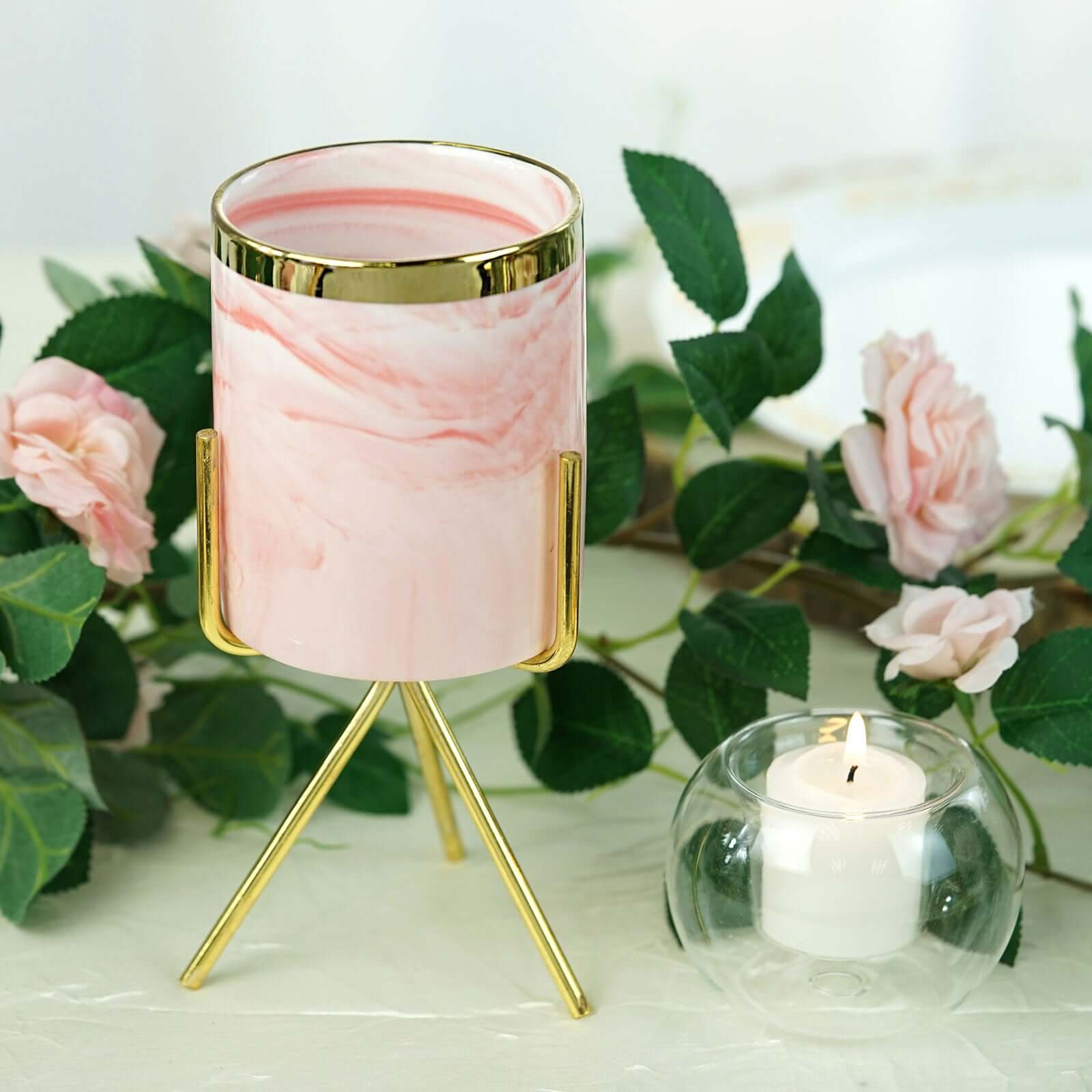 Ceramic Planter Gold Rimmed Pink Marble Design with Gold Metal Stand - Decorative Vase 8"
