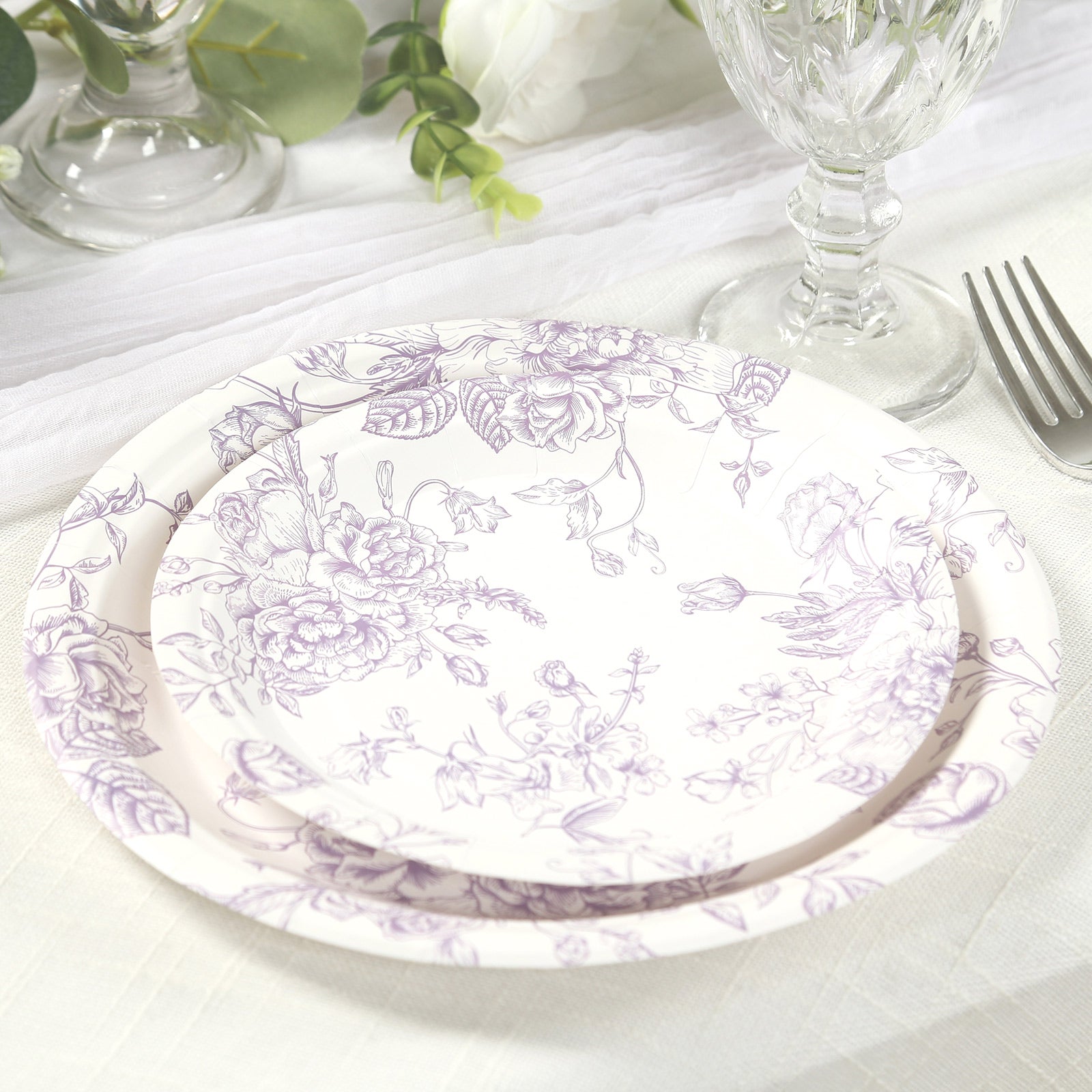 25-Pack Paper 7" Round Dessert Plates in White with Matte Lavender French Toile Pattern - Disposable Floral Salad Appetizer Plates