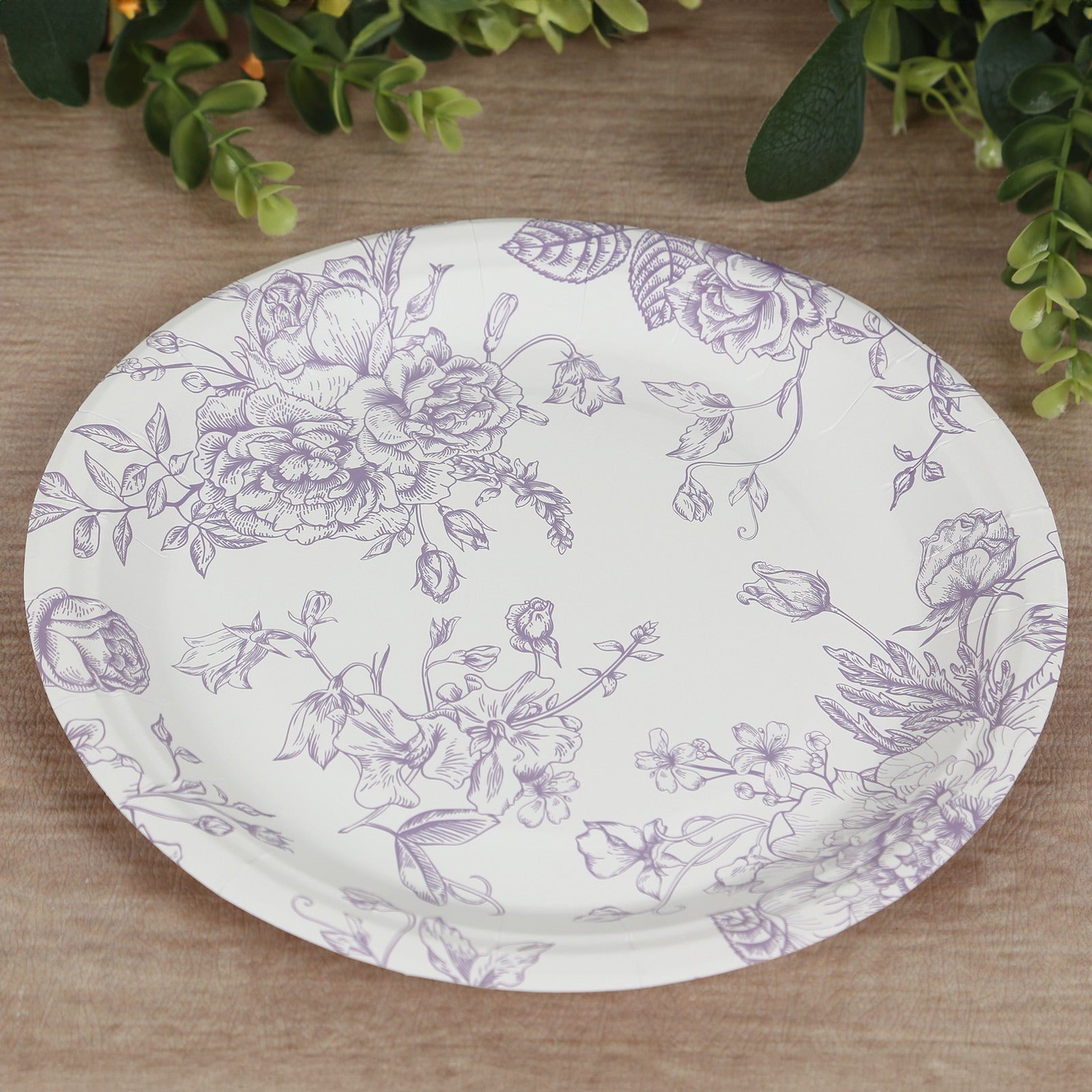25-Pack Paper 9" Round Dinner Plates in White with Matte Lavender French Toile Pattern - Disposable Floral Party Plates