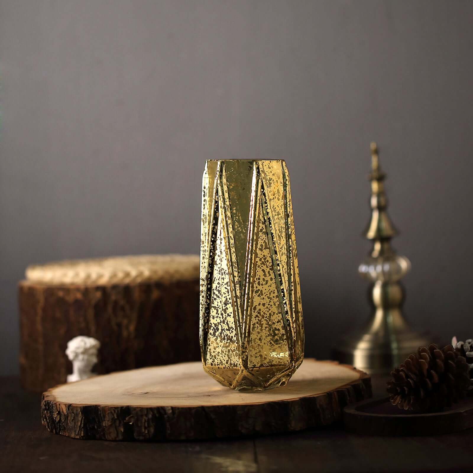 2-Pack Mercury Glass Vases Geometric Design Gold - Stylish Wedding Floral Centerpieces 8"