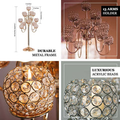 Metal Crystal Beaded Candelabra Gold 13 Arm Design - Table Centerpiece for Events 40"