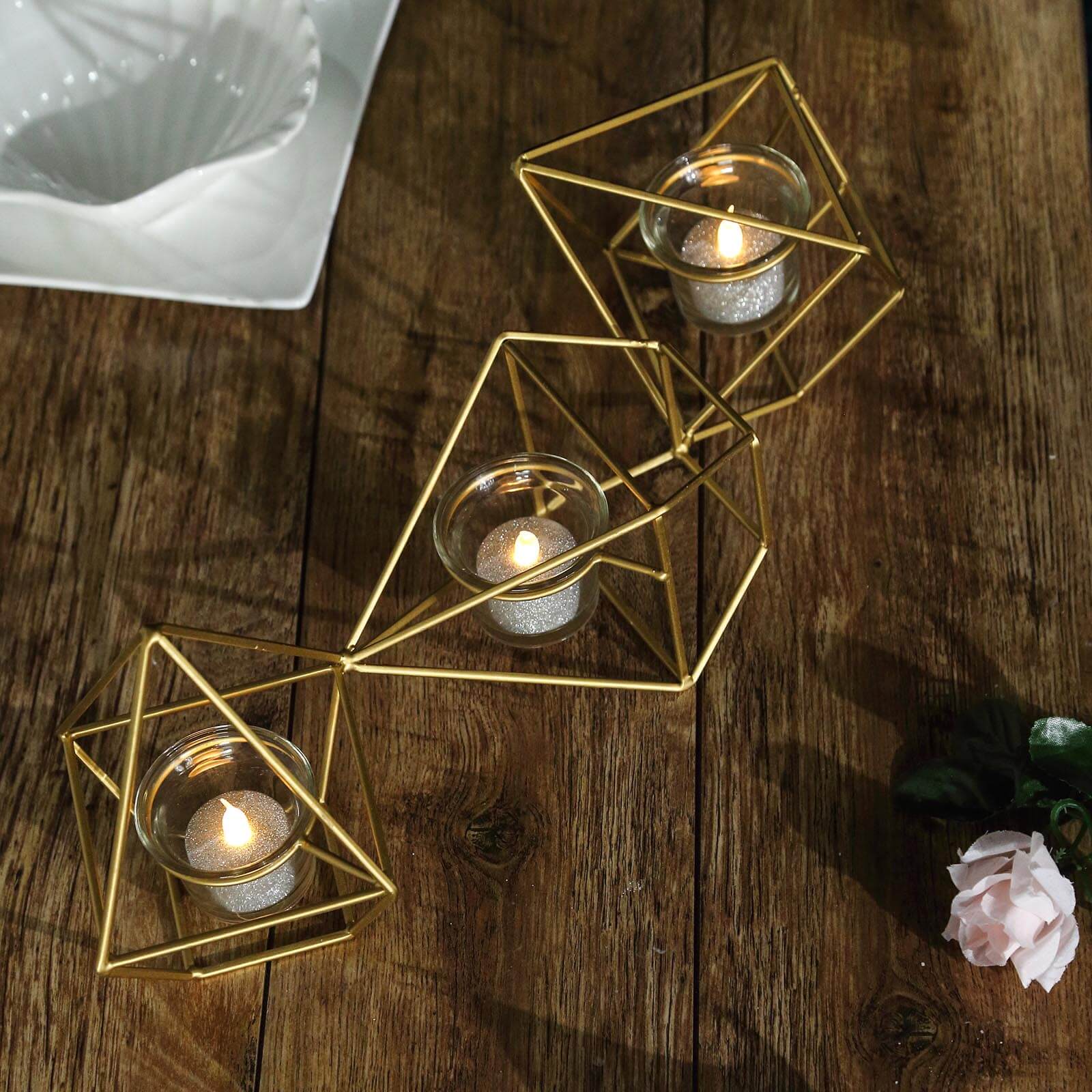 Set of Metal Candle Holders Linked Geometric Design Gold - Modern Votive Glass Decor for Tables & Gatherings 16"