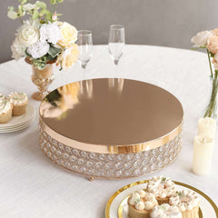 Metal Cake Stand Pedestal Crystal Beaded Design Gold - Cupcake Display and Dessert Riser 16"