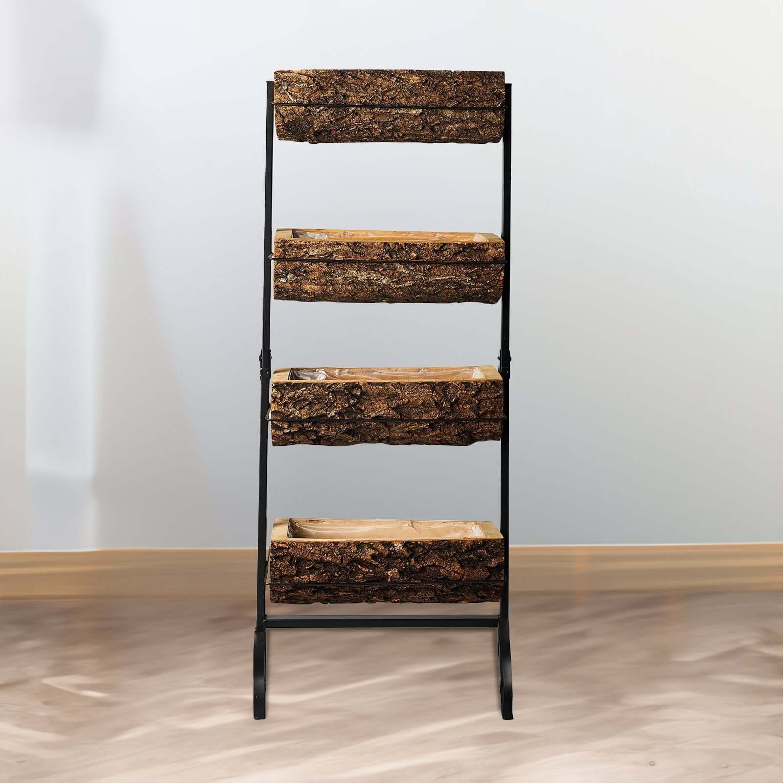 42" 4-Tier Metal Ladder Plant Stand With Natural Wooden Log Planters
