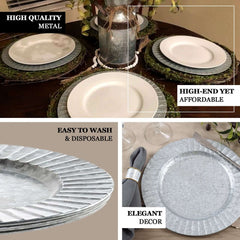 4-Pack Metal Round Charger Plates 13" in Silver with Galvanized Ruffled Rim, Contemporary Charger Tableware