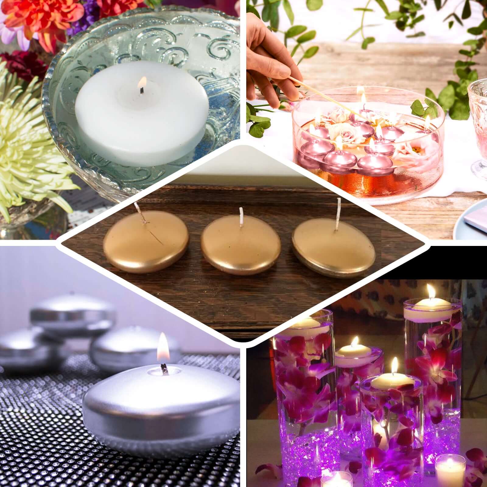 4 Pack 3" Metallic Silver Disc Unscented Floating Candles, Dripless