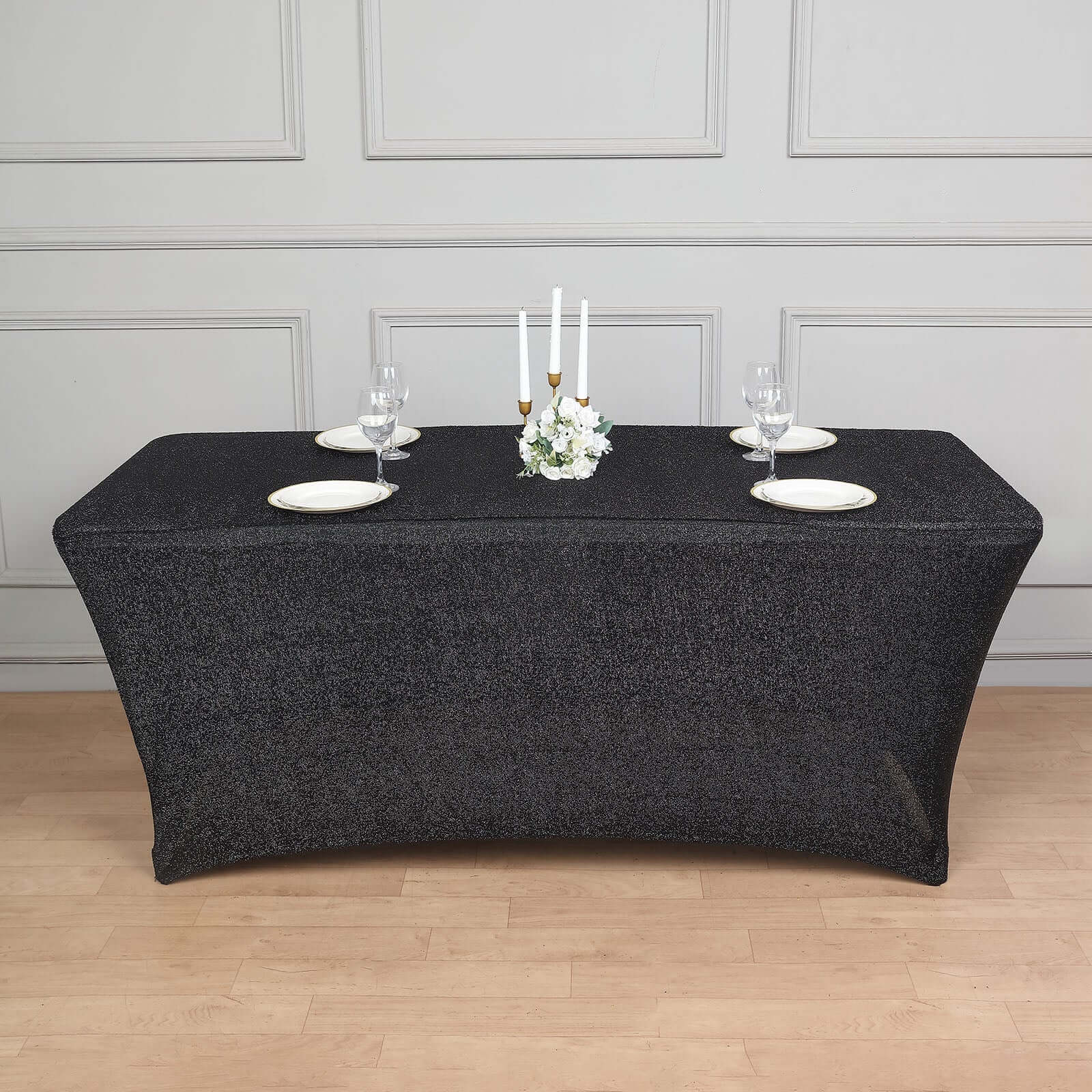 Shimmer Tinsel Spandex 72"x30" Rectangle Tablecloth Metallic Black Glittered Shiny Stretch Table Cover