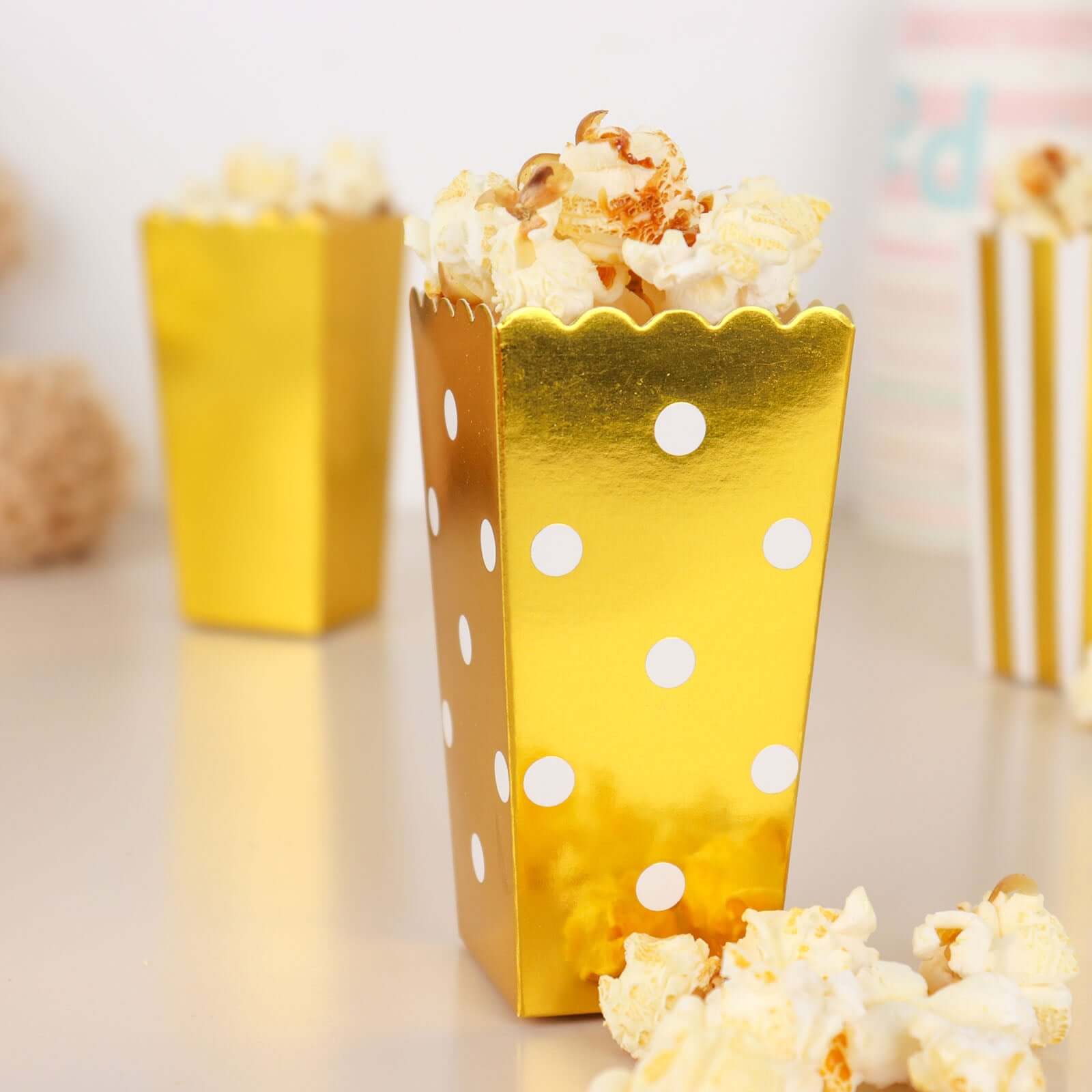 36 Pack 4" White Gold Design Mini Paper Popcorn Boxes, Candy Favor Disposable Bags - Stripe, Polka Dot, Solid Style