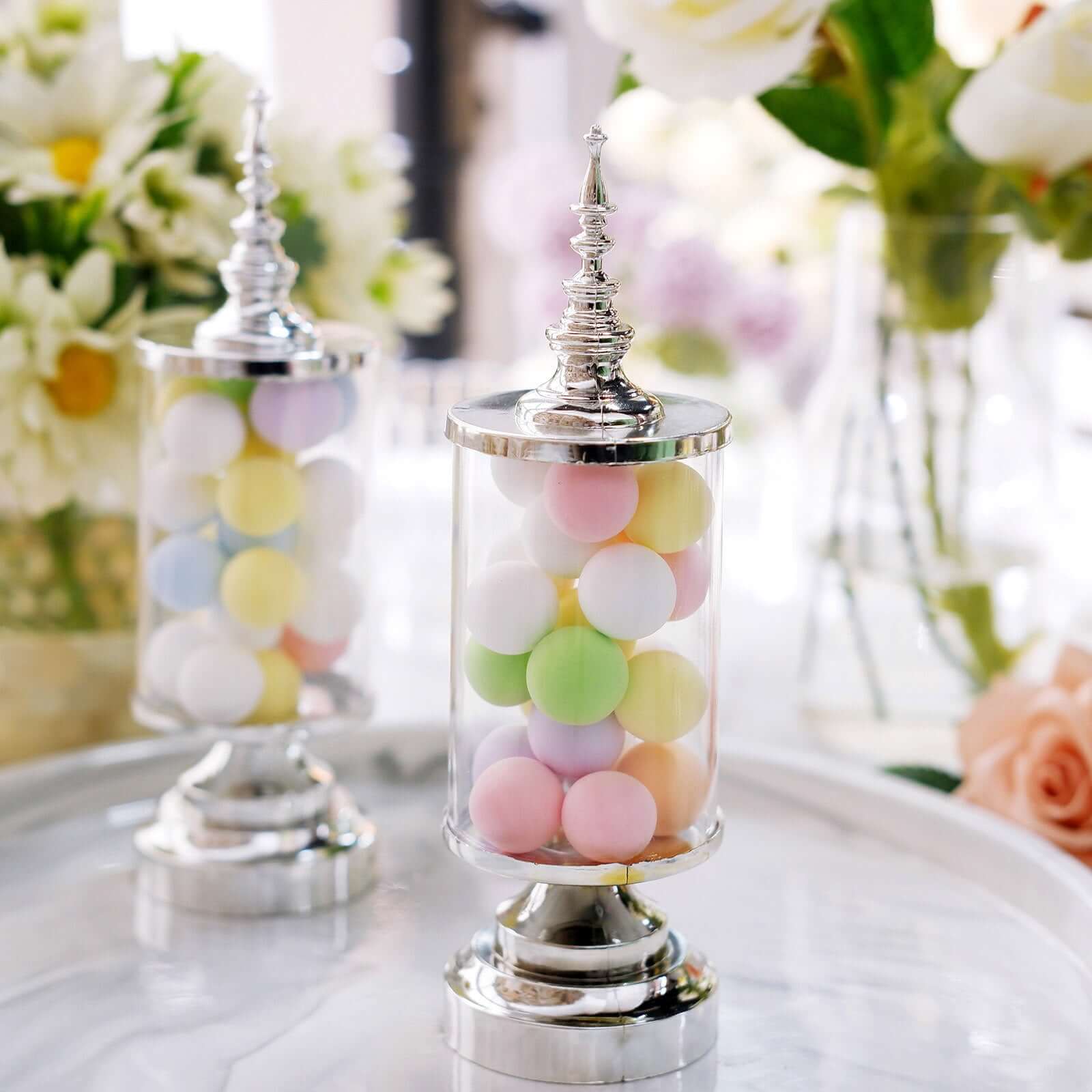 6-Pack Pillar Candy Jar Candy Container Clear/Silver - Decorative Apothecary Jars for Party Favors 7"