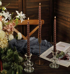12-Pack Taper Candles Spiral Long Burn Wick Design Mocha Brown - Premium Unscented Wax Dinner Candle Sticks 11"