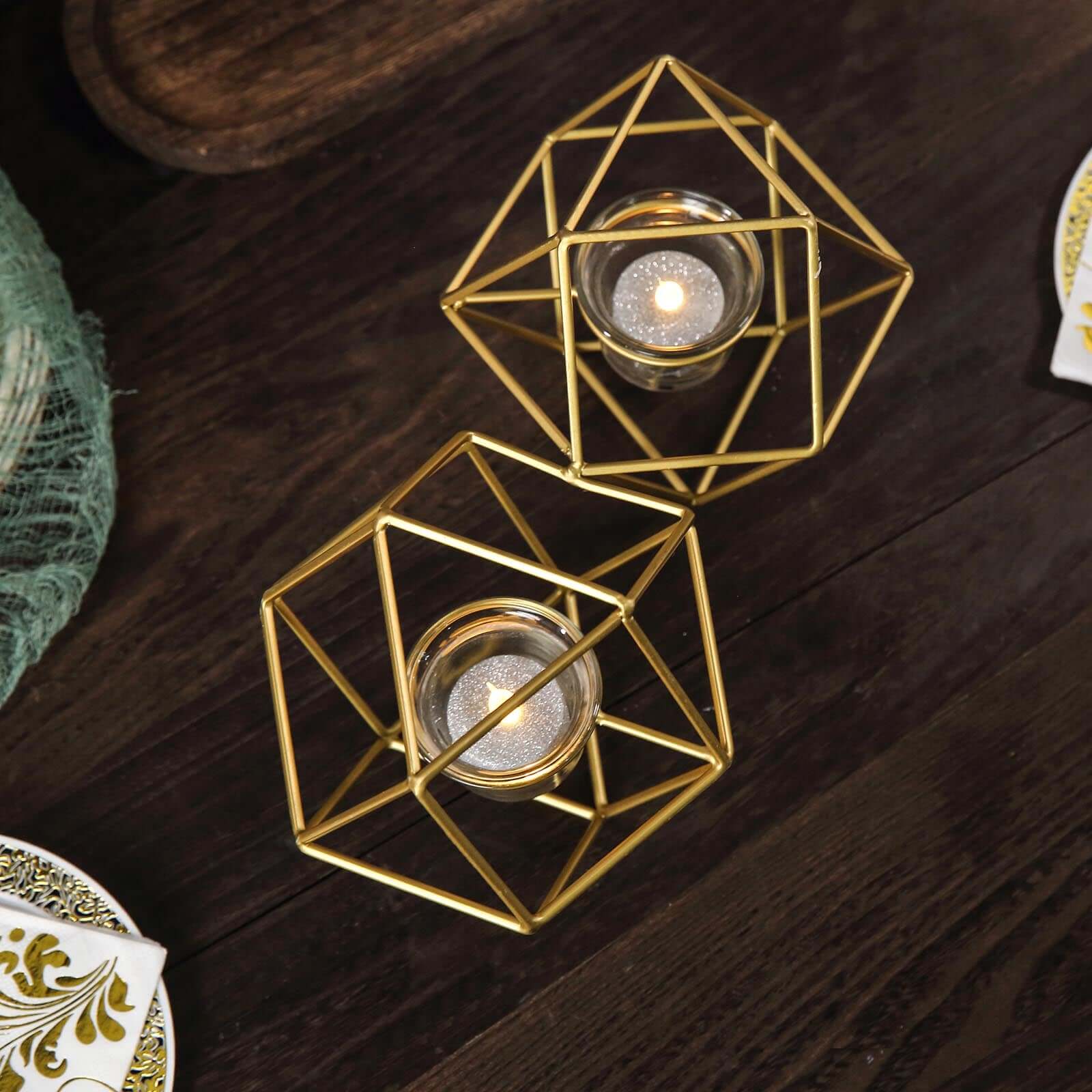 Set of Metal Candle Holders Linked Geometric Design Gold - Modern Table Decor with Votive Glass for Gatherings 11"