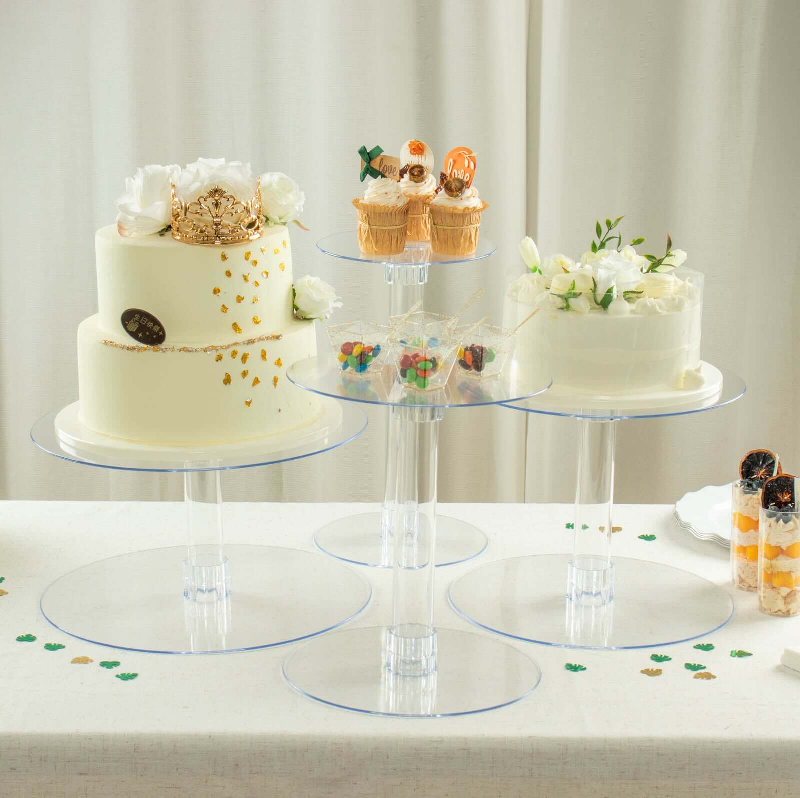 4-Tier Acrylic XL Cake Stand Set Clear - Sturdy & Lightweight Cupcake Holder Dessert Pedestal Centerpiece Risers in Assorted Sizes for Modern Minimalist Buffet Party Tables