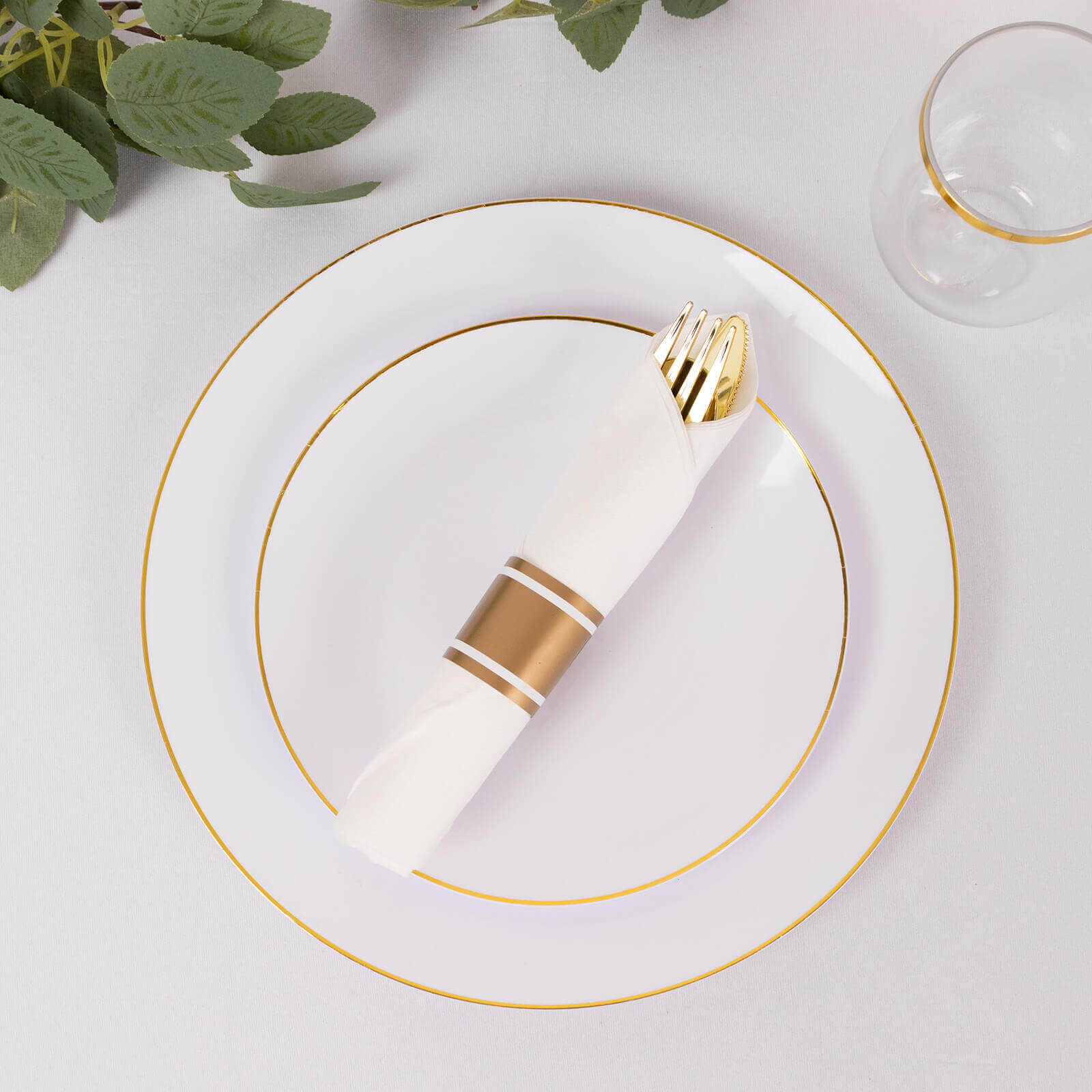Set of 24 Gold Plastic Silverware with Pre-Rolled White Paper Napkins - Disposable Wrapped Fork, Spoon, and Knife Set