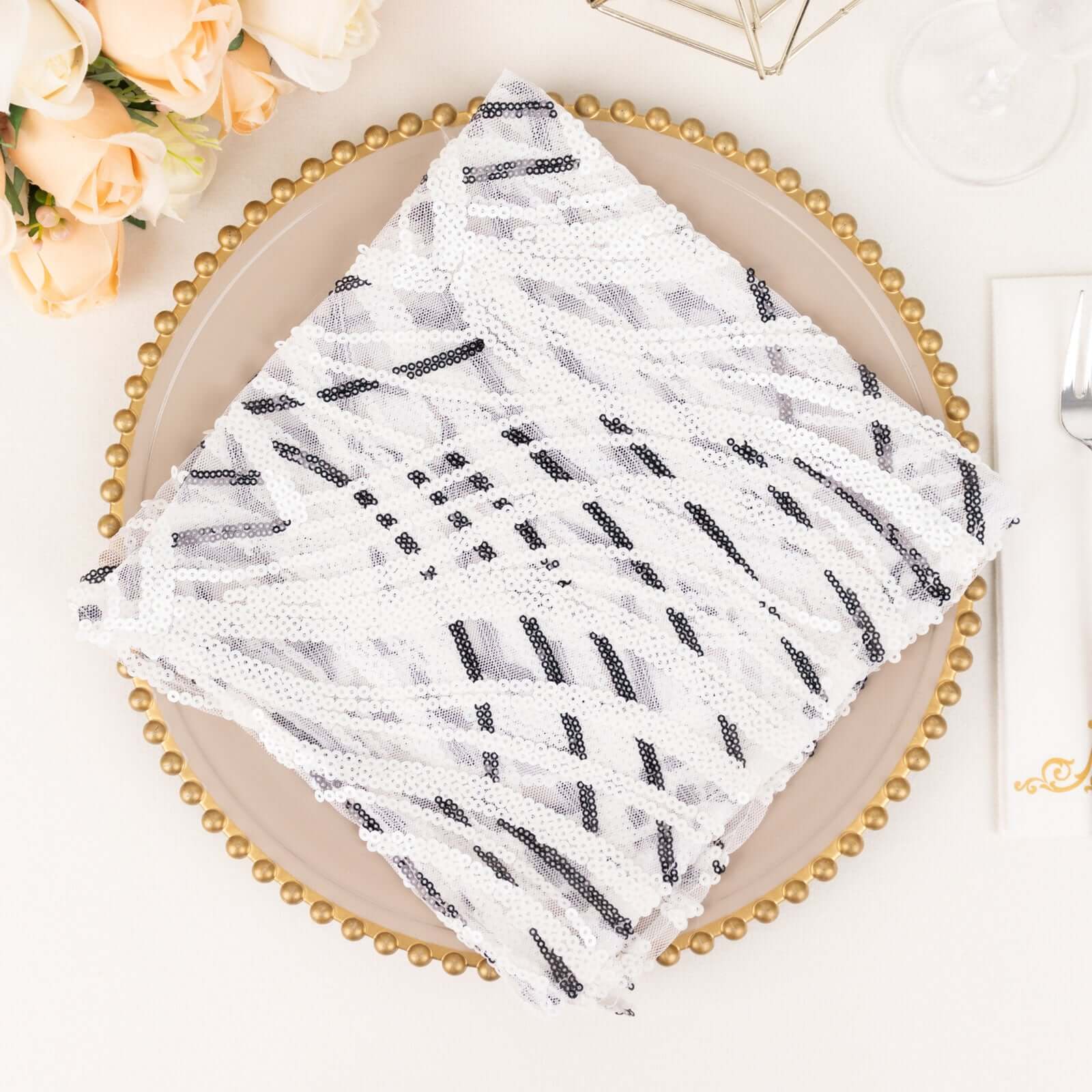 Sequin Mesh 20"x20" Napkin White Black - Wave Embroidered Reusable Napkin