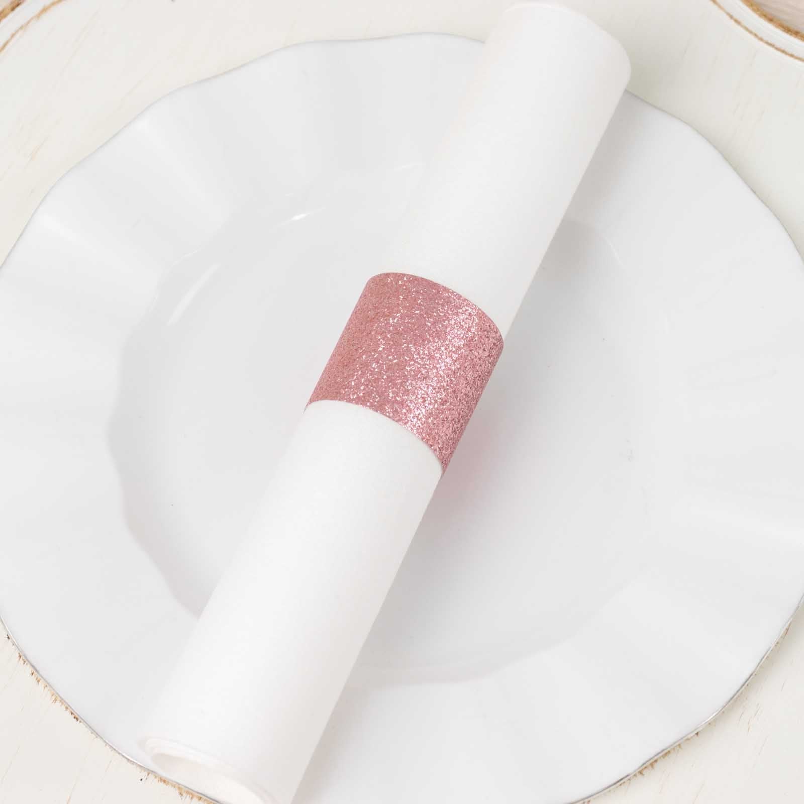 50-Pack Paper Napkin Rings Rose Gold Glitter - Stylish Disposable Napkin Holders 1.5"