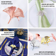 4 Pack Metallic Gold Ginkgo Leaf Napkin Rings, Ornate Design Linen Napkin Holders