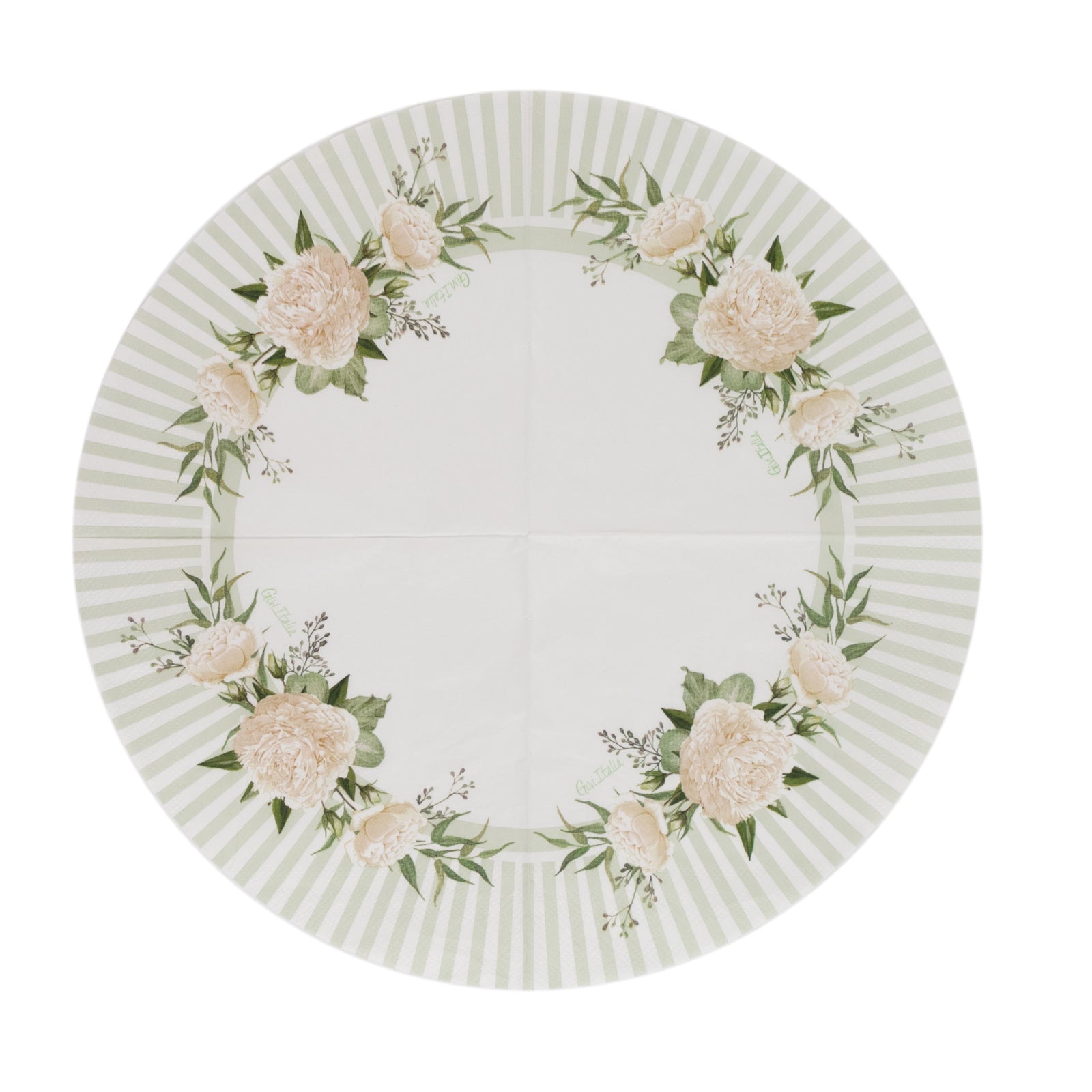 25-Pack Round Paper Cocktail Napkins with Floral Lined Pattern White/Sage Green - Disposable 2 Ply Beverage Napkins 12"