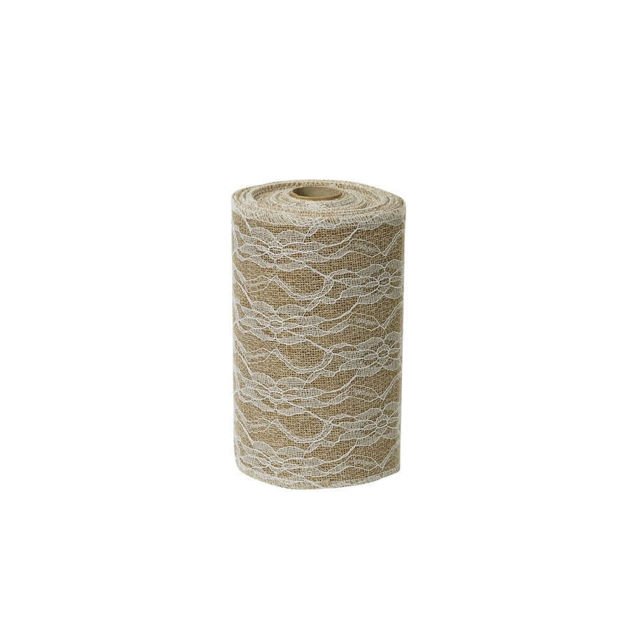 6"x10 Yards Natural Jute Burlap Ribbon with Lace Overlay