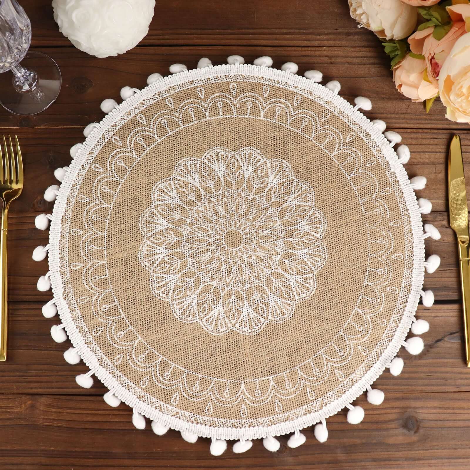 4-Pack Placemats Embroidery Mandala Print Design Natural Jute and White Round - Rustic Burlap Tassel Style with Beaded Trim 15"