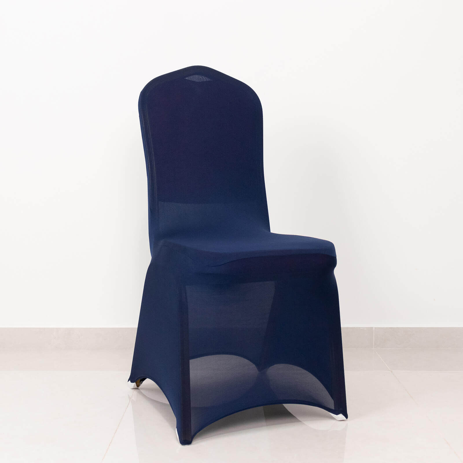 Spandex Chair Cover with Navy Blue Rhinestone Buckled Sash Band Blush - Stretch Fitted Slipcover