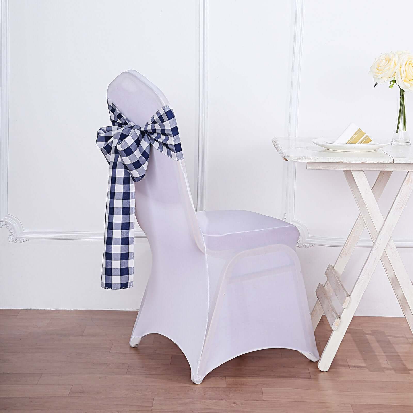 5 Pack Polyester Chair Sashes Navy Blue/White Buffalo Plaid - Durable & Reusable Chair Bows 6"x108"