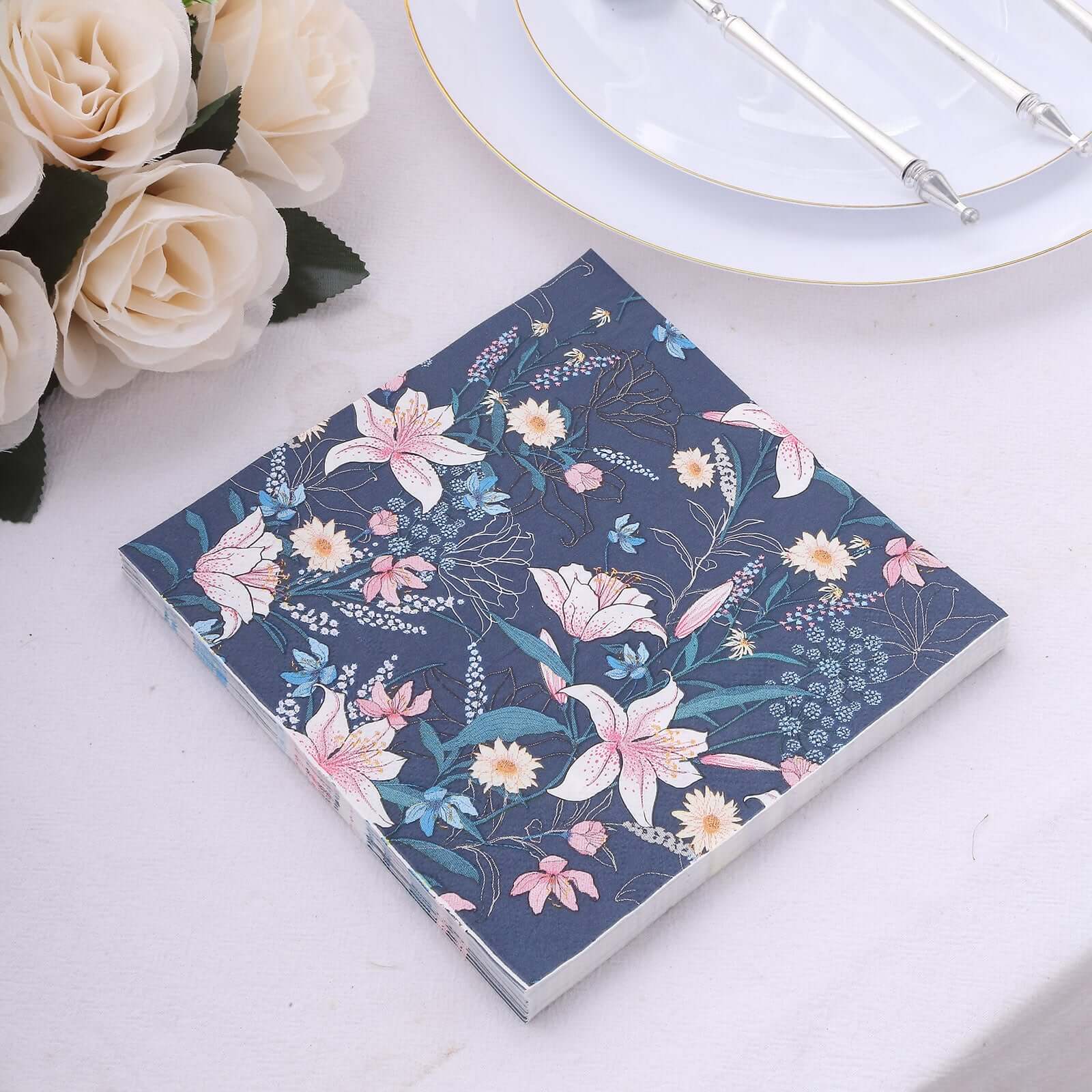 50-Pack Paper Beverage Napkins with Water Lily Floral Design Navy Blue - 2 Ply Soft 18GSM Wedding Napkins 6.5"x6.5"
