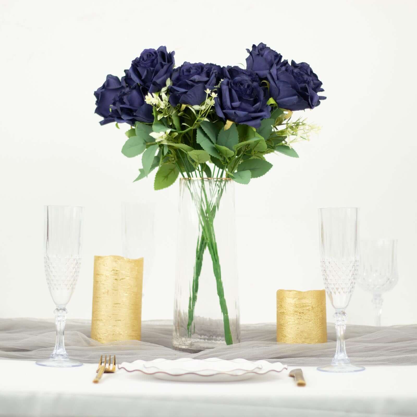 2 Bushes 18" Real Touch Navy Blue Artificial Rose Flower Bouquet, Silk Long Stem Flower Arrangements
