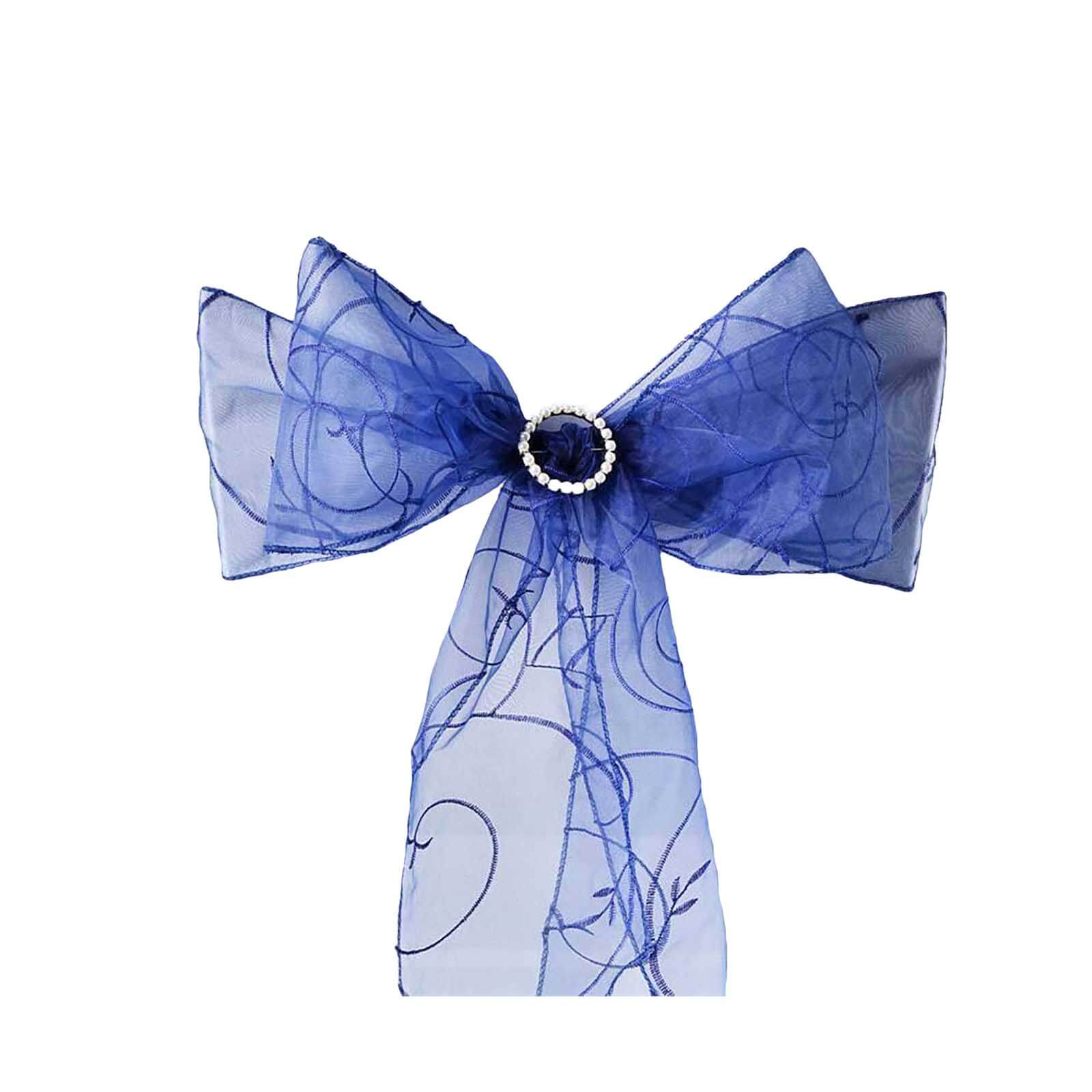 5 Pack Organza Chair Sashes with Satin Leaf Embroidery Navy Blue - Reusable Sheer Design 7"x108"