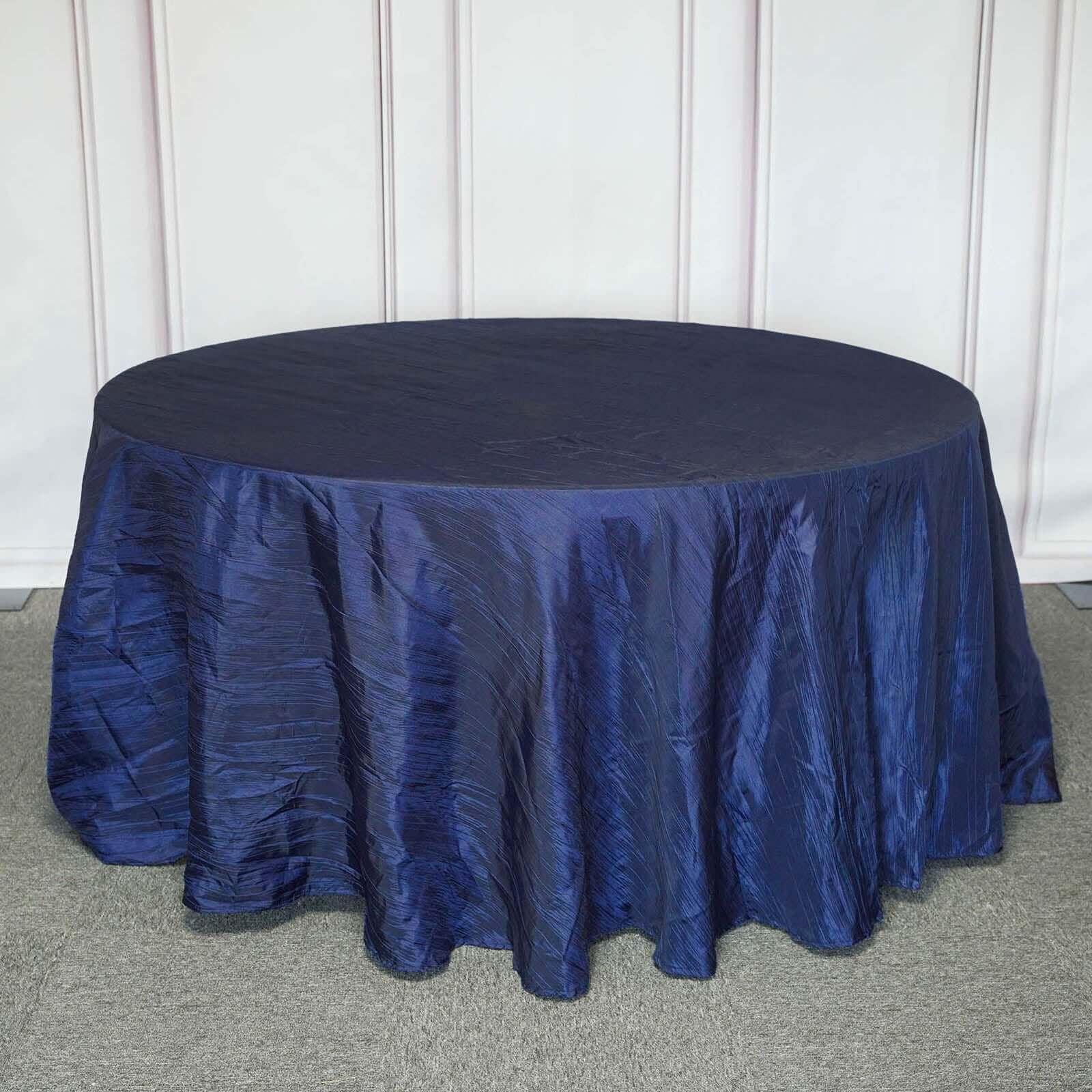 Taffeta 120" Round Tablecloth Navy Blue - Seamless Accordion Crinkle Table Cover