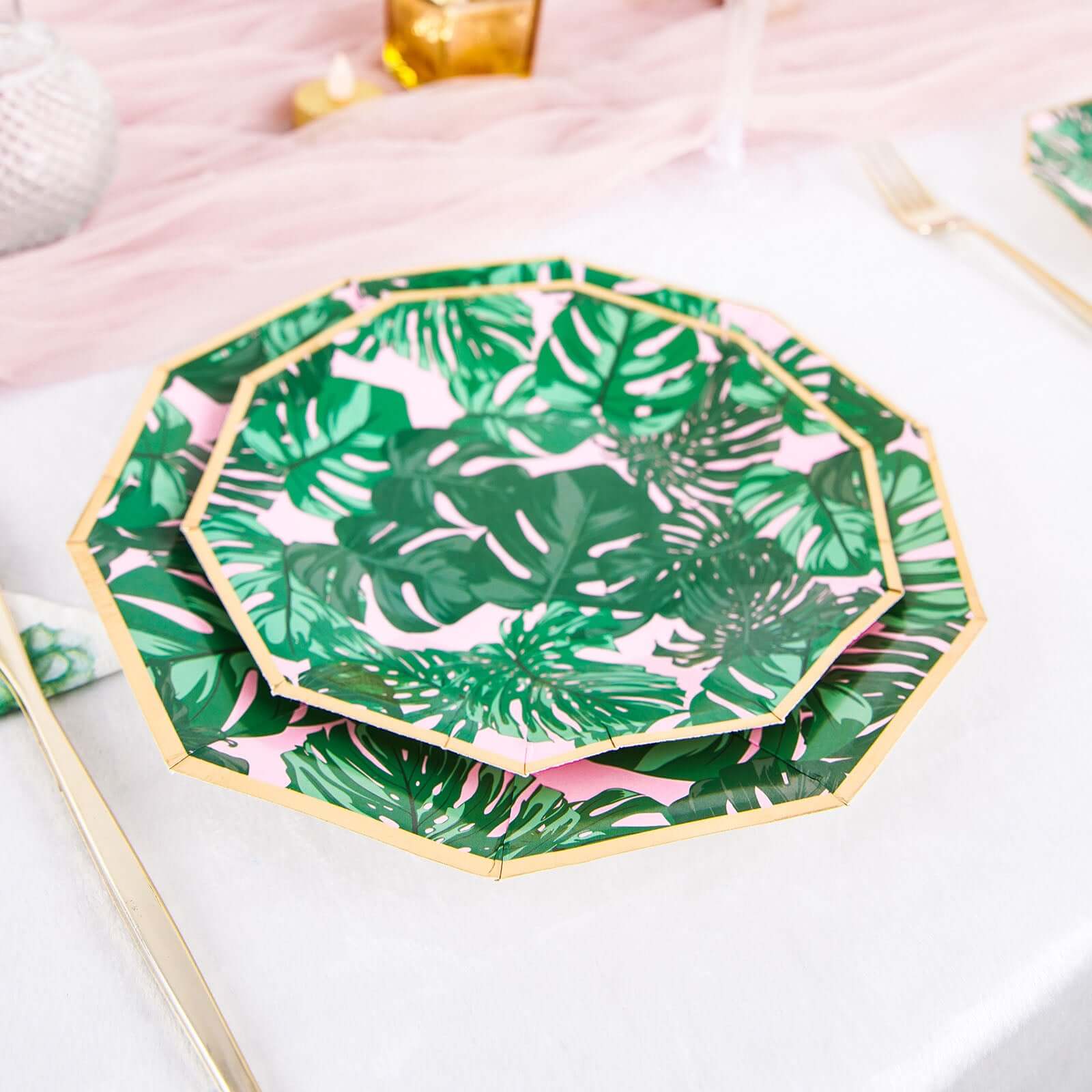25-Pack Paper 7" Decagon Dessert Plates in Pink with Green Tropical Palm Leaves & Gold Rim - Disposable Geometric Appetizer Salad Plates for Boho Chic & Jungle Themed Events