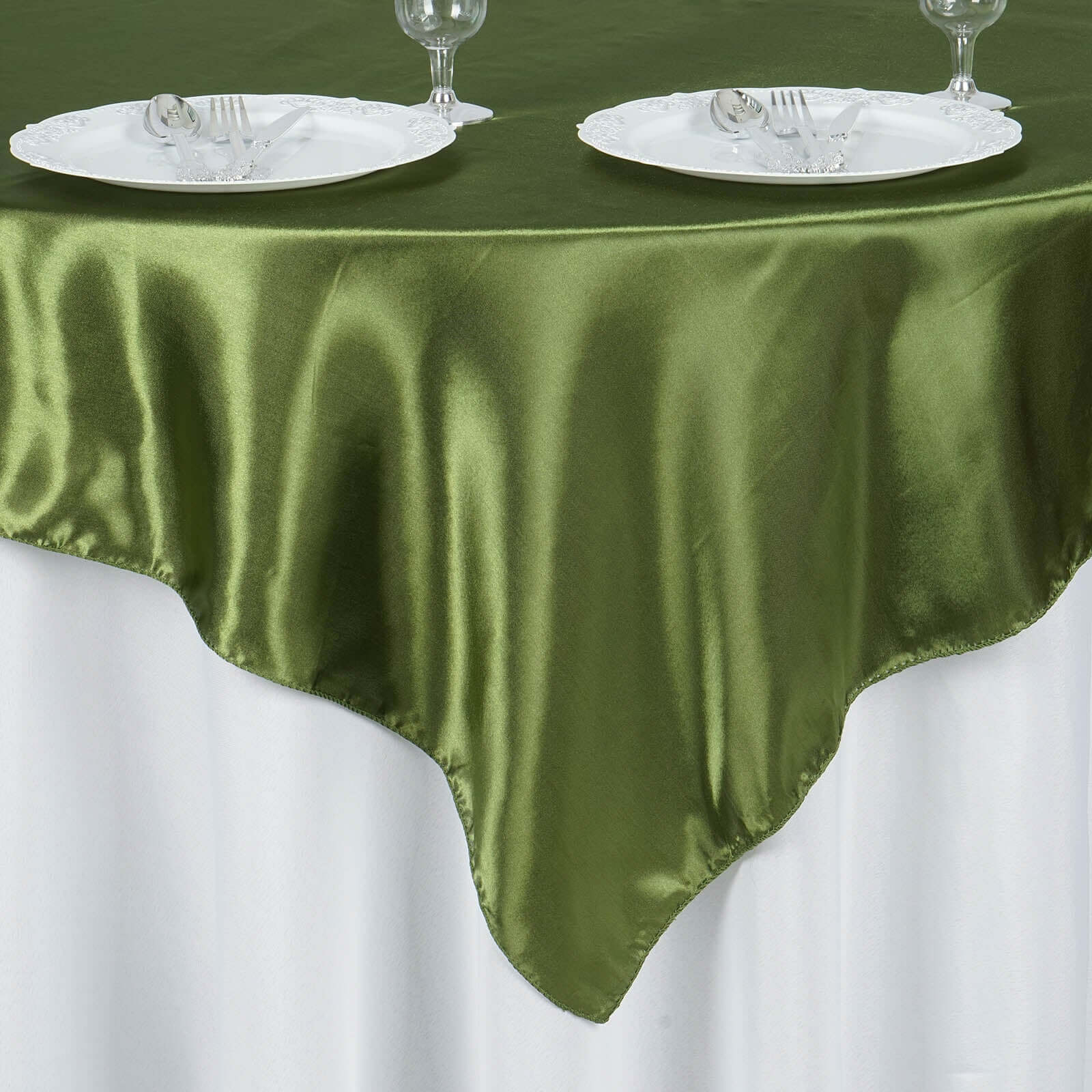 Satin 60"x60" Table Overlay Square Tablecloth Olive Green - Smooth Silky Touch Table Cover