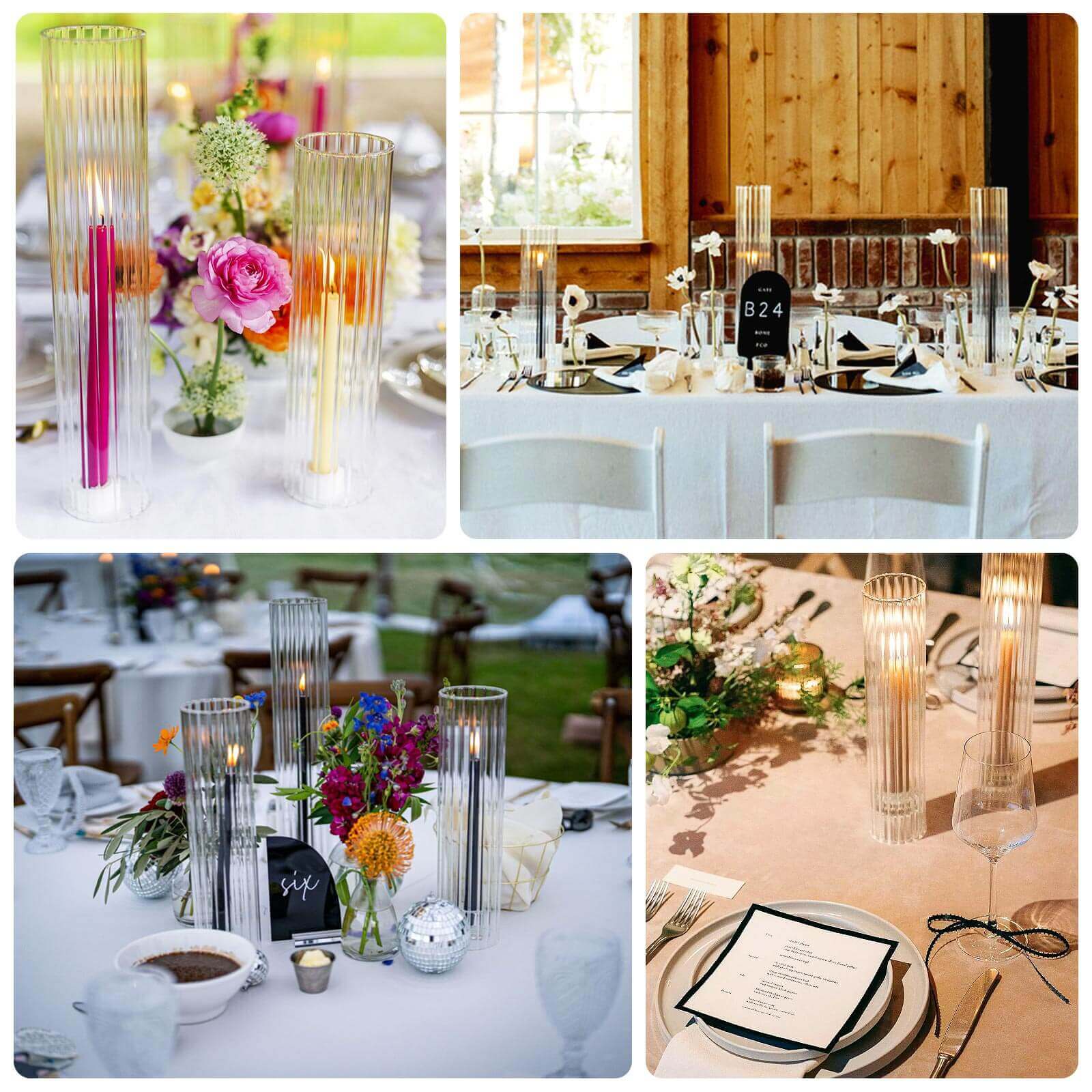 2-Pack Clear Ribbed Glass Hurricane Shades Open End Design - Stylish Candelabra Pillar Candle Holder Table Centerpiece 18"