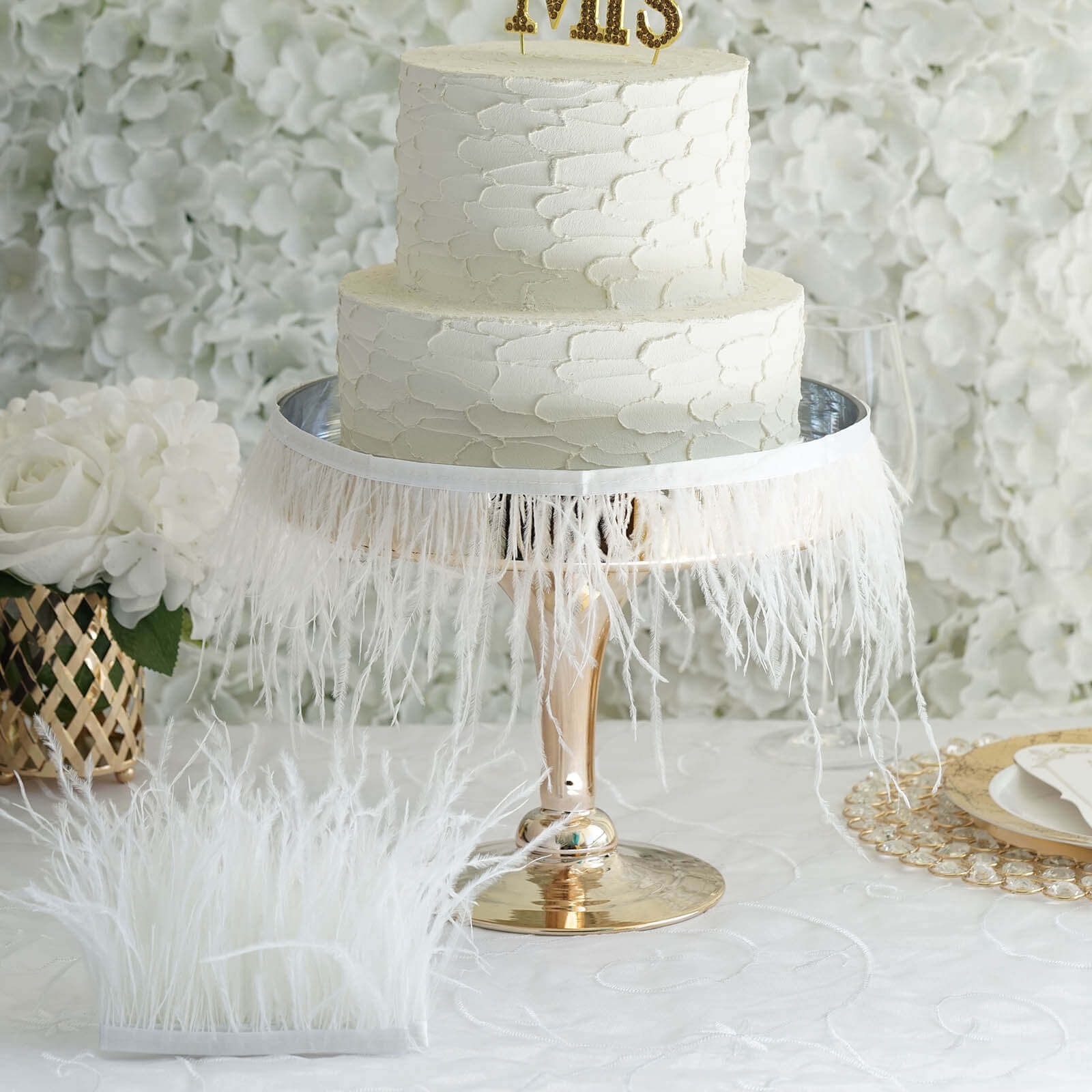 39" White Real Ostrich Feather Fringe Trim With Satin Ribbon Tape